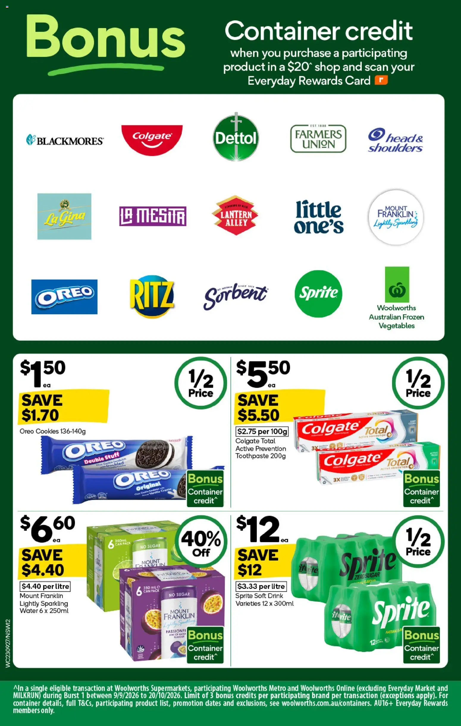 Woolworths catalogue - valid from 23/09/2026 | Page: 12 | Products: Toothpaste, Oreo, Sprite, Frozen vegetables