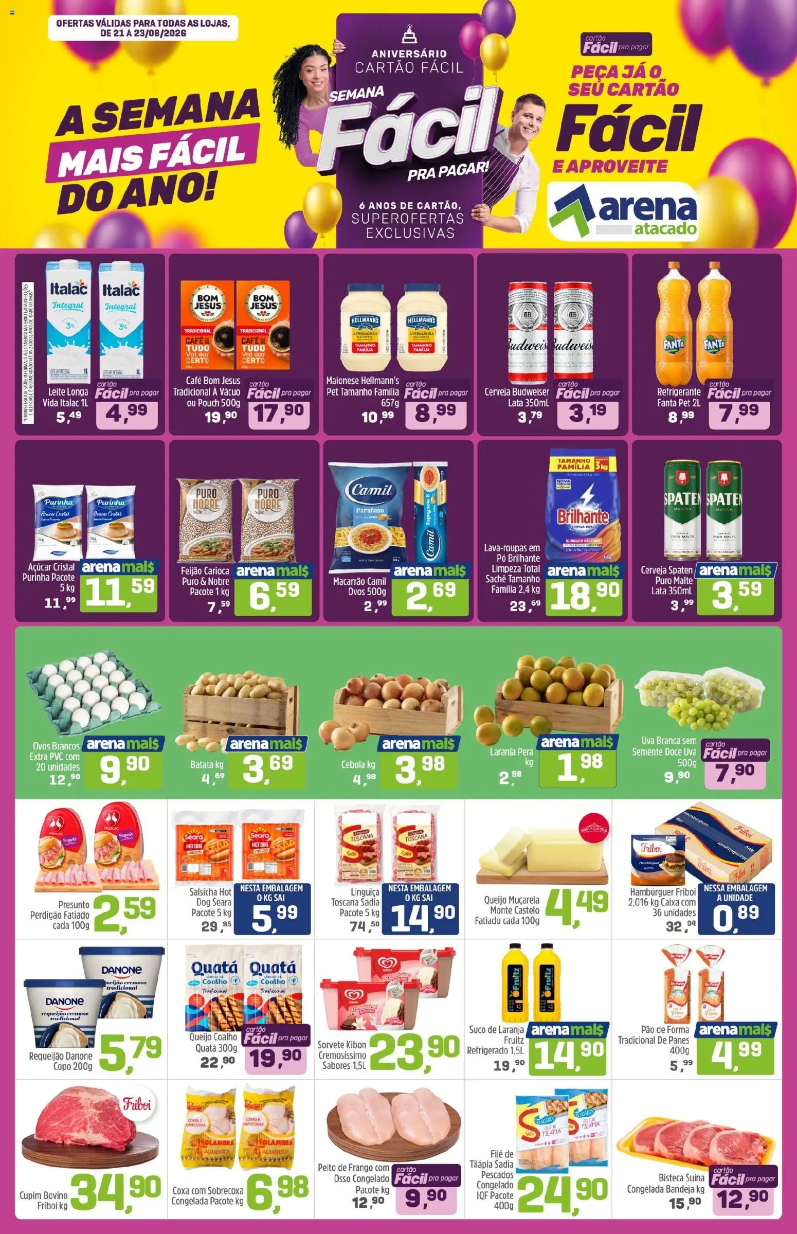 Arena Atacado Folheto - válido de 21/08/2026 | Página: 1 | Produtos: Queijo, Muçarela, Suco de laranja, Sorvete