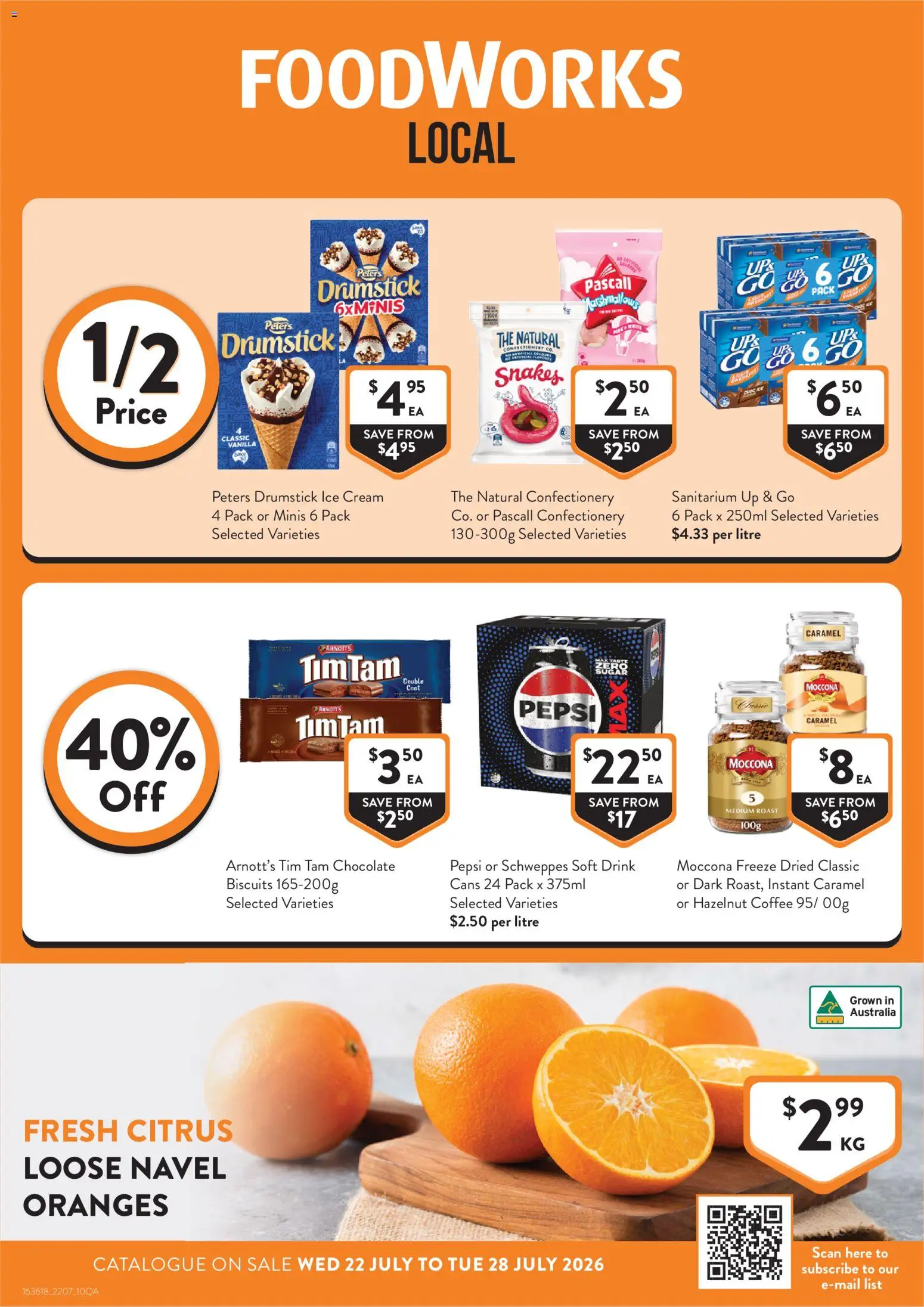 Foodworks catalogue - valid from 22/07/2026 | Page: 1 | Products: Oranges, Pepsi, Cream, Moccona