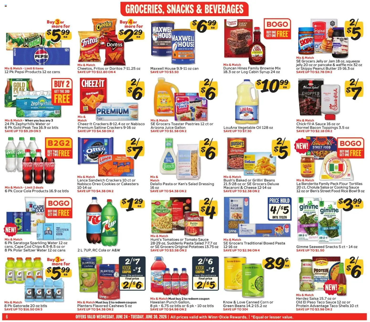 Winn Dixie Weekly Ad - valid from 06/24/2026 | Page: 6 | Products: Toaster, Juice, Chips, Cookies