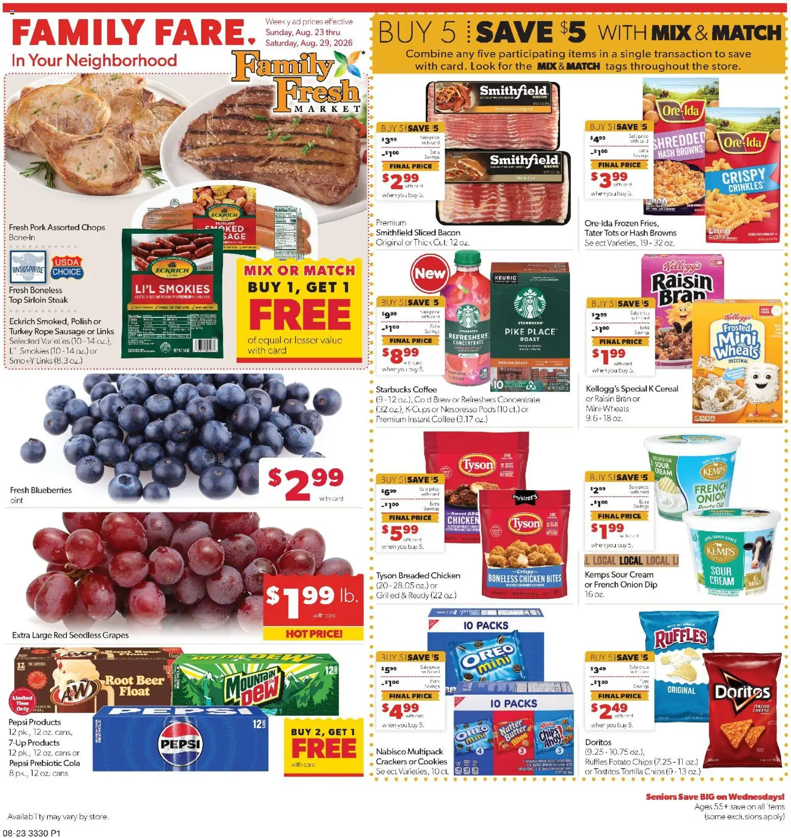 Family Fare Weekly Ad - MN - valid from 08/23/2026 | Page: 1 | Products: Pork, Sausage, Grapes, Cereal