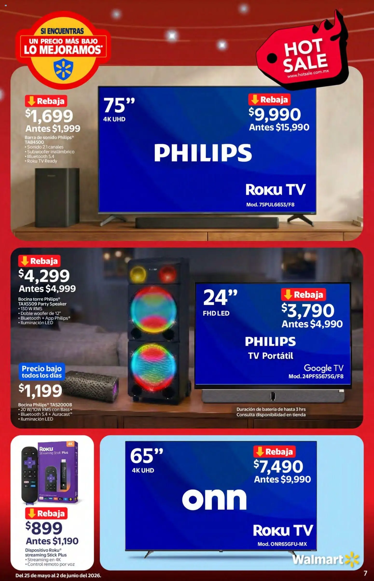 Nuevas ofertas de Walmart válidas en toda la República Mexicana desde el 25.05.2026. ¡Encuentra las mejores ofertas en Walmart Hot Sale! | Página: 7 | Productos: Control remoto, Bocina, Barra, Batería