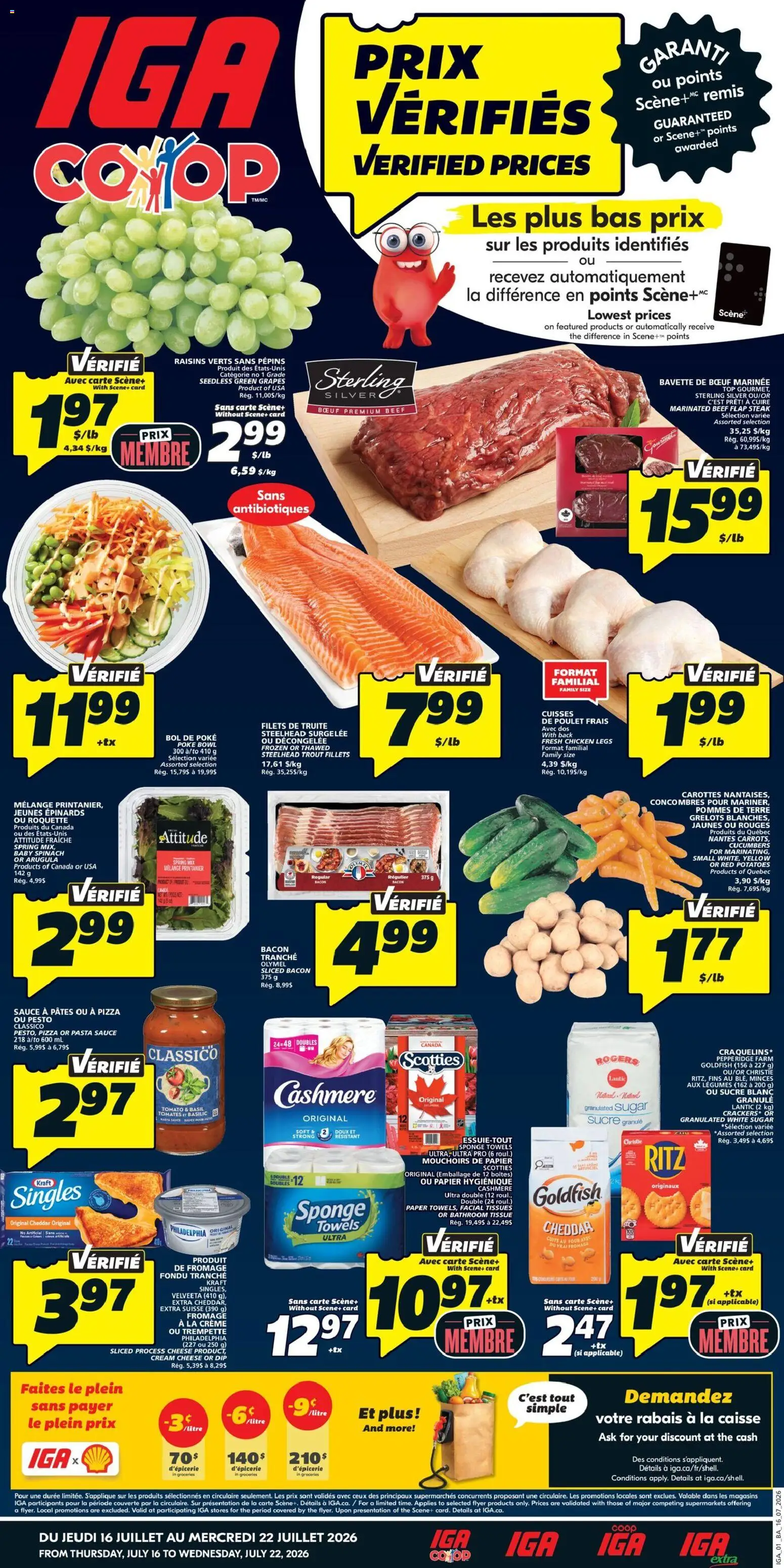IGA flyer valid from Jul 16, 2026 | Page: 1 | Products: Trout, Spinach, Granulated sugar, Baby spinach