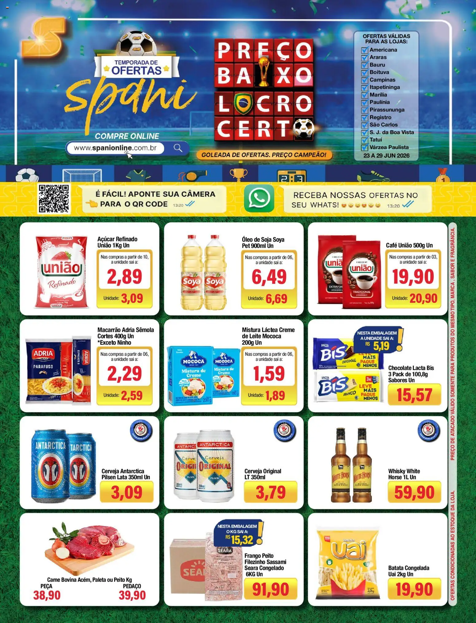 Spani Atacadista Folheto - válido de 23/06/2026 | Página: 1 | Produtos: Macarrão, Creme, Açúcar, Batata