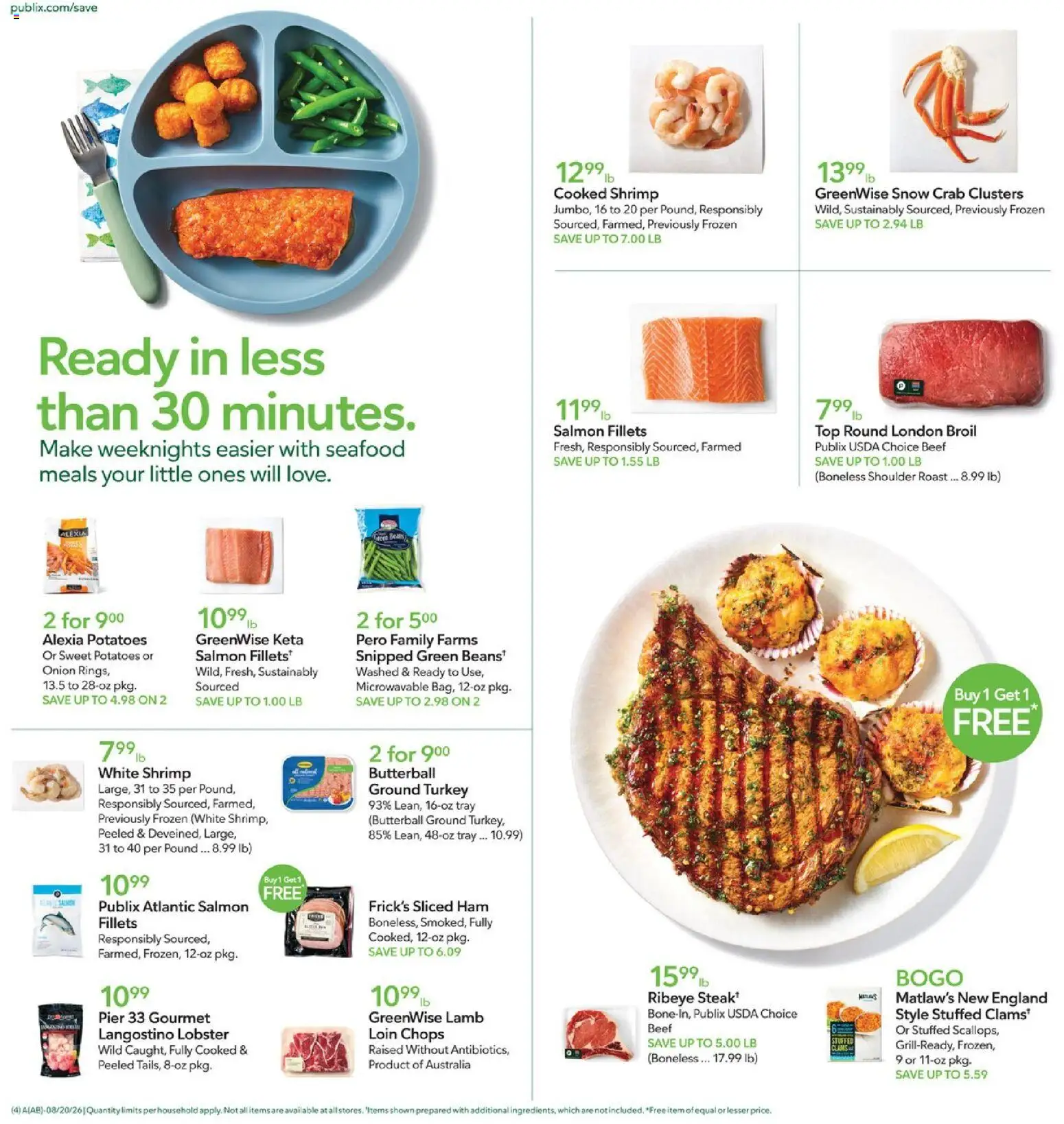 Publix Weekly Ad - valid from 08/19/2026 | Page: 4 | Products: Shrimp, Beef, Potatoes, Onion