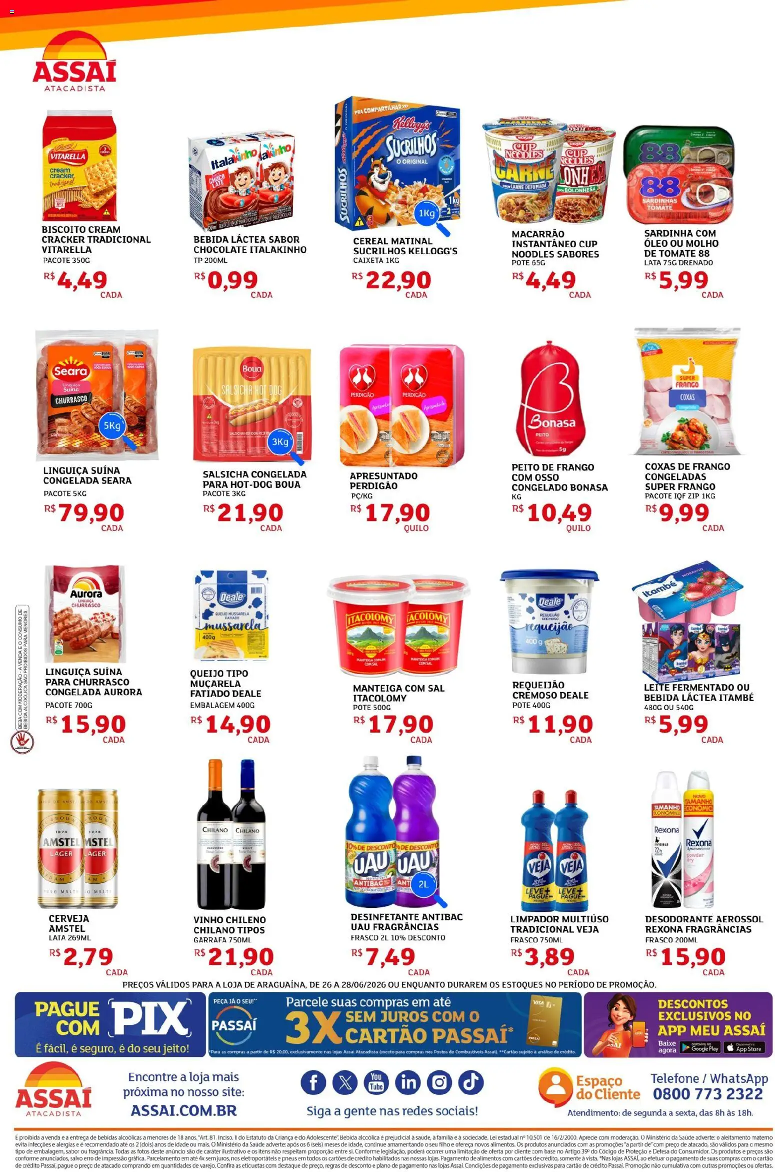 Assaí Atacadista Folheto - válido de 26/06/2026 | Página: 2 | Produtos: Limpador multiuso, Linguiça, Cerveja, Cream cracker