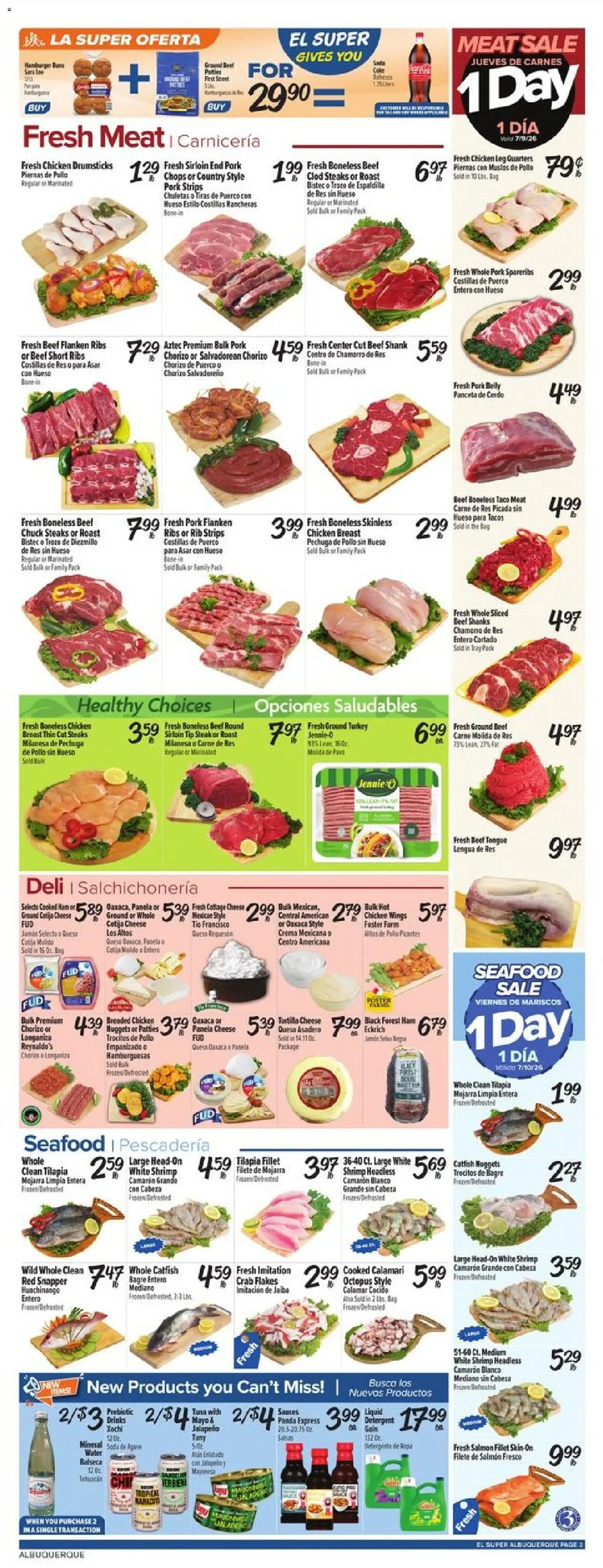 El Super Weekly Ad - NM - valid from 07/08/2026 | Page: 3 | Products: Cheese, Water, Seafood, Hat