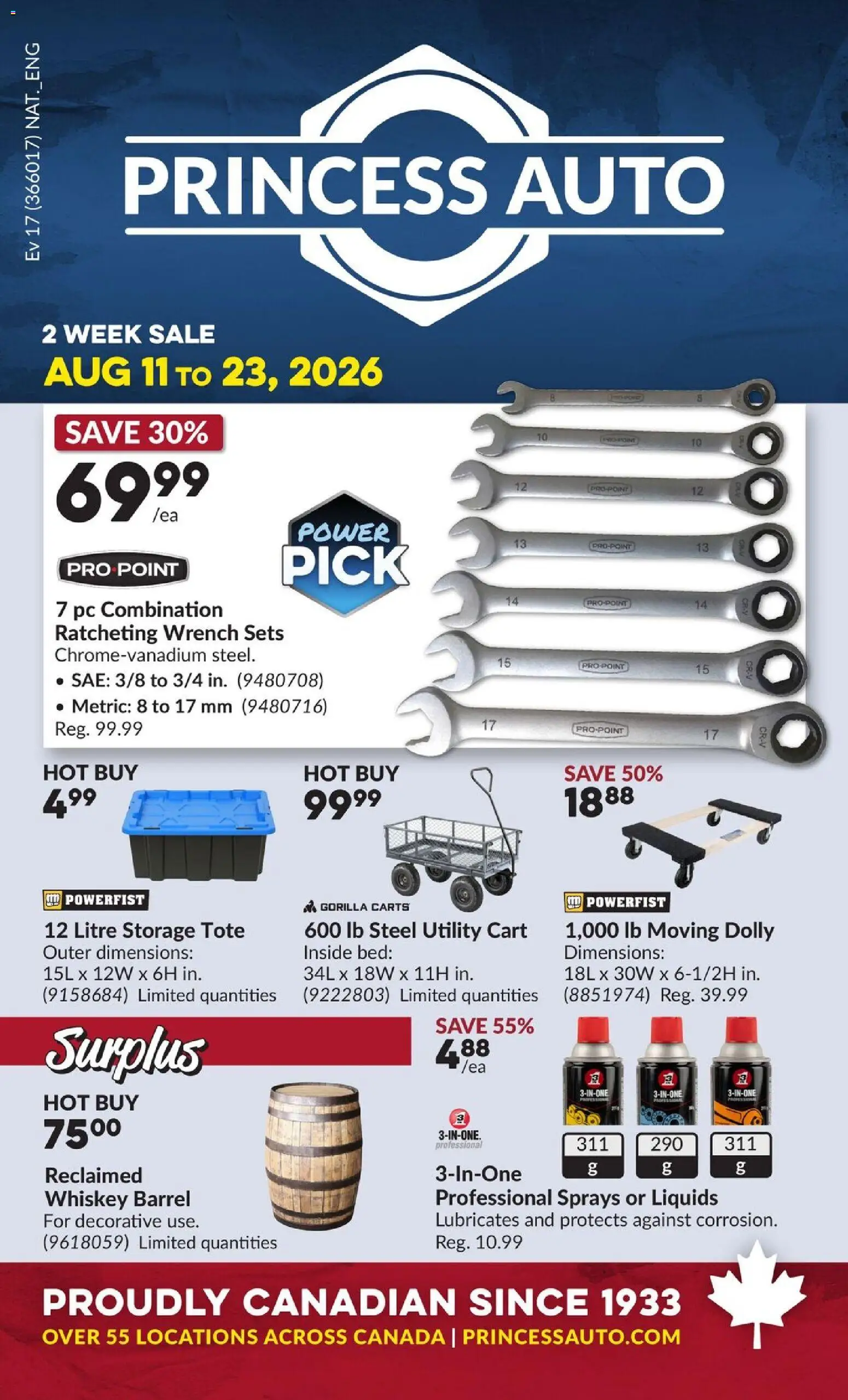 Princess Auto flyer valid from Aug 11, 2026 | Page: 1 | Products: Whiskey, PC, Bed