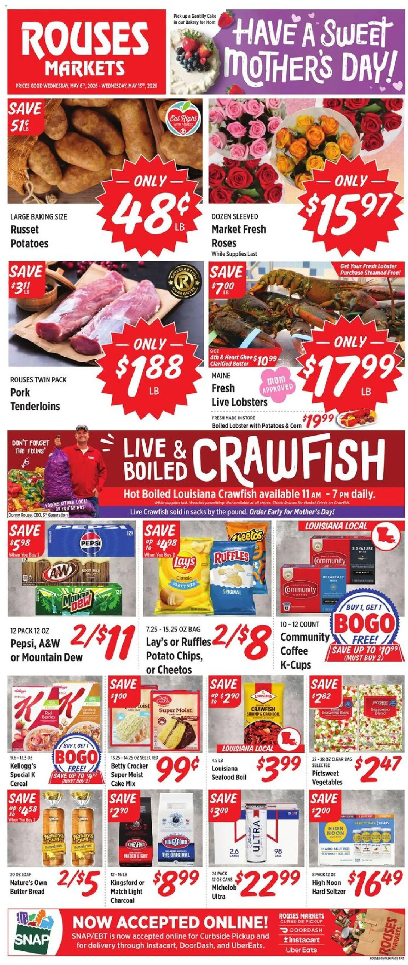Rouses Weekly Ad - MS - valid from 06.05.2026 | Page: 2 | Products: Corn, Bread, Vegetables, Seafood