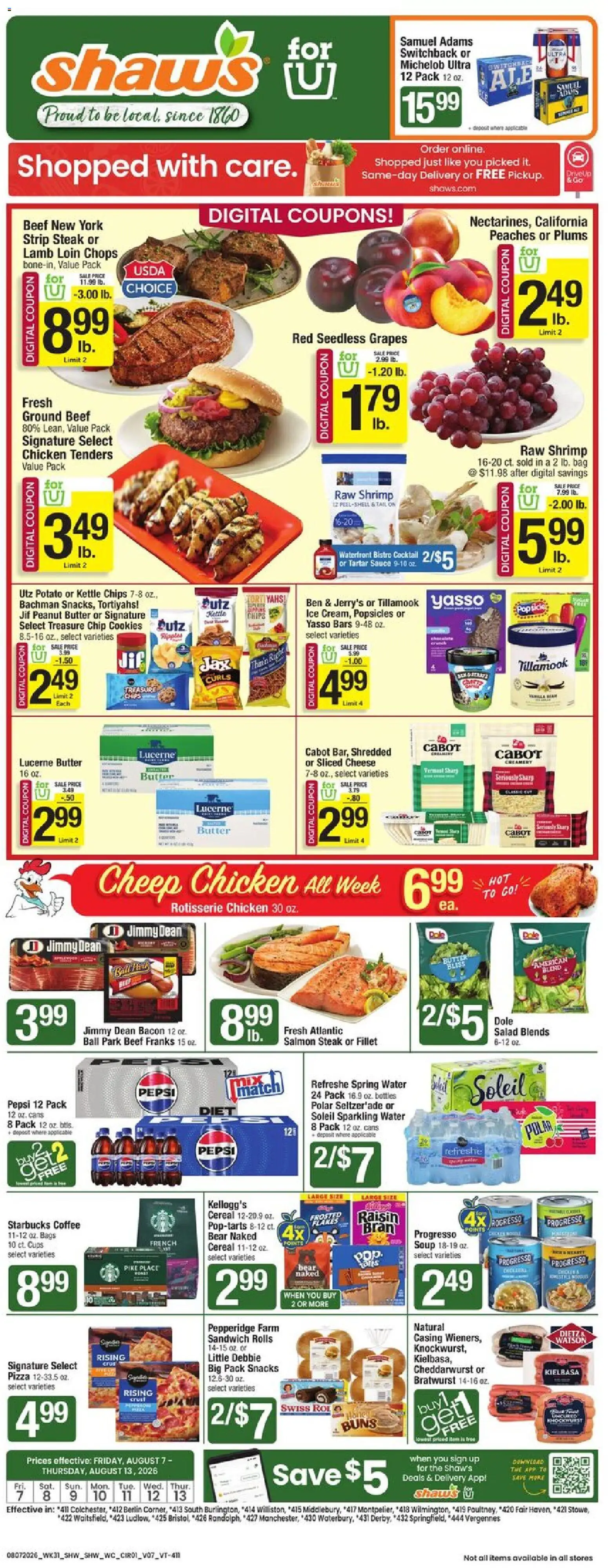 Shaw's Weekly Ad - VT - valid from 08/07/2026 | Page: 1 | Products: Bratwurst, Spring water, Tartar sauce, Water