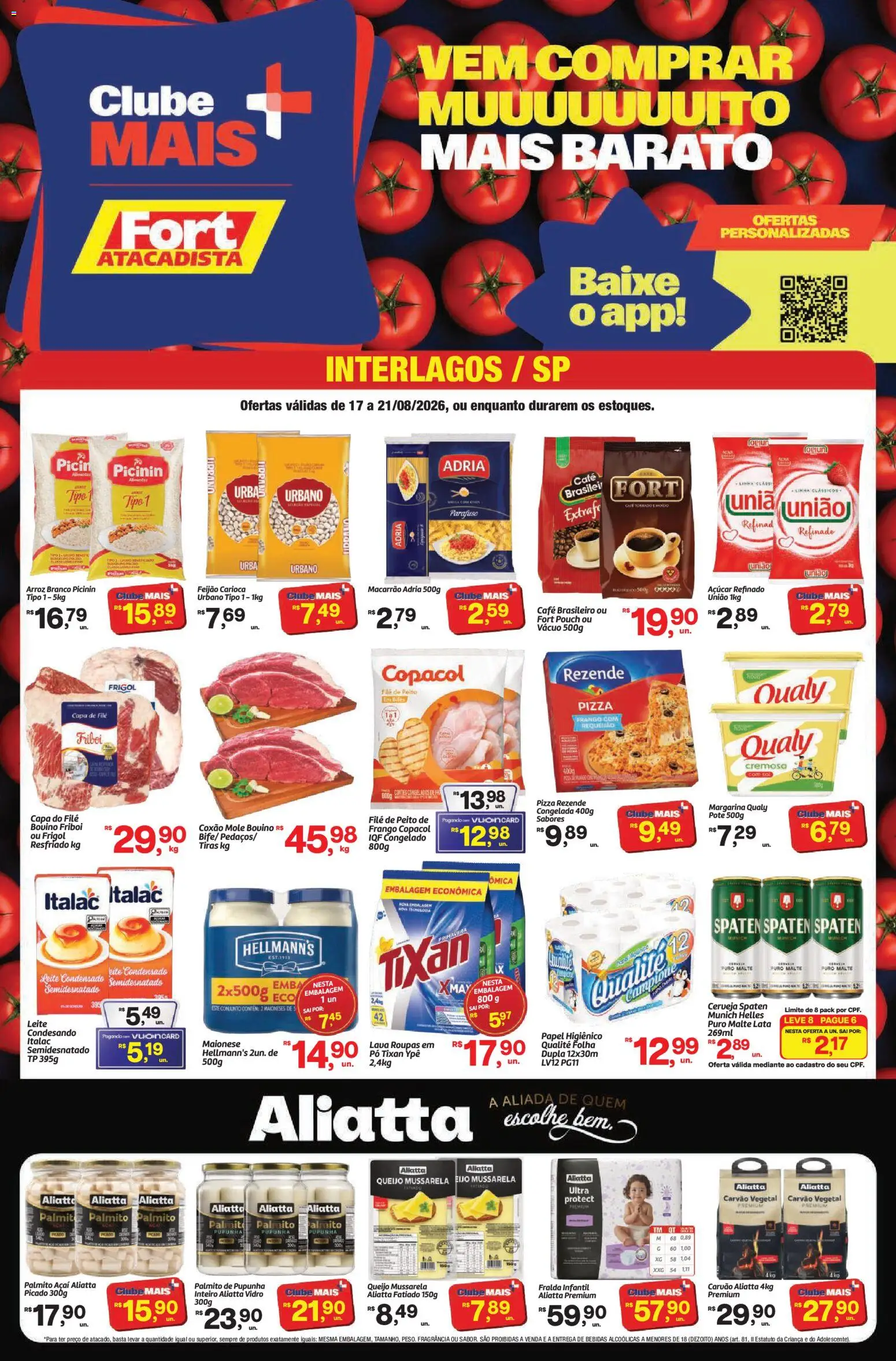 Fort Atacadista Folheto - válido de 17/08/2026 | Página: 1 | Produtos: Pupunha, Coxão mole, Pizza Rezende, Pizza