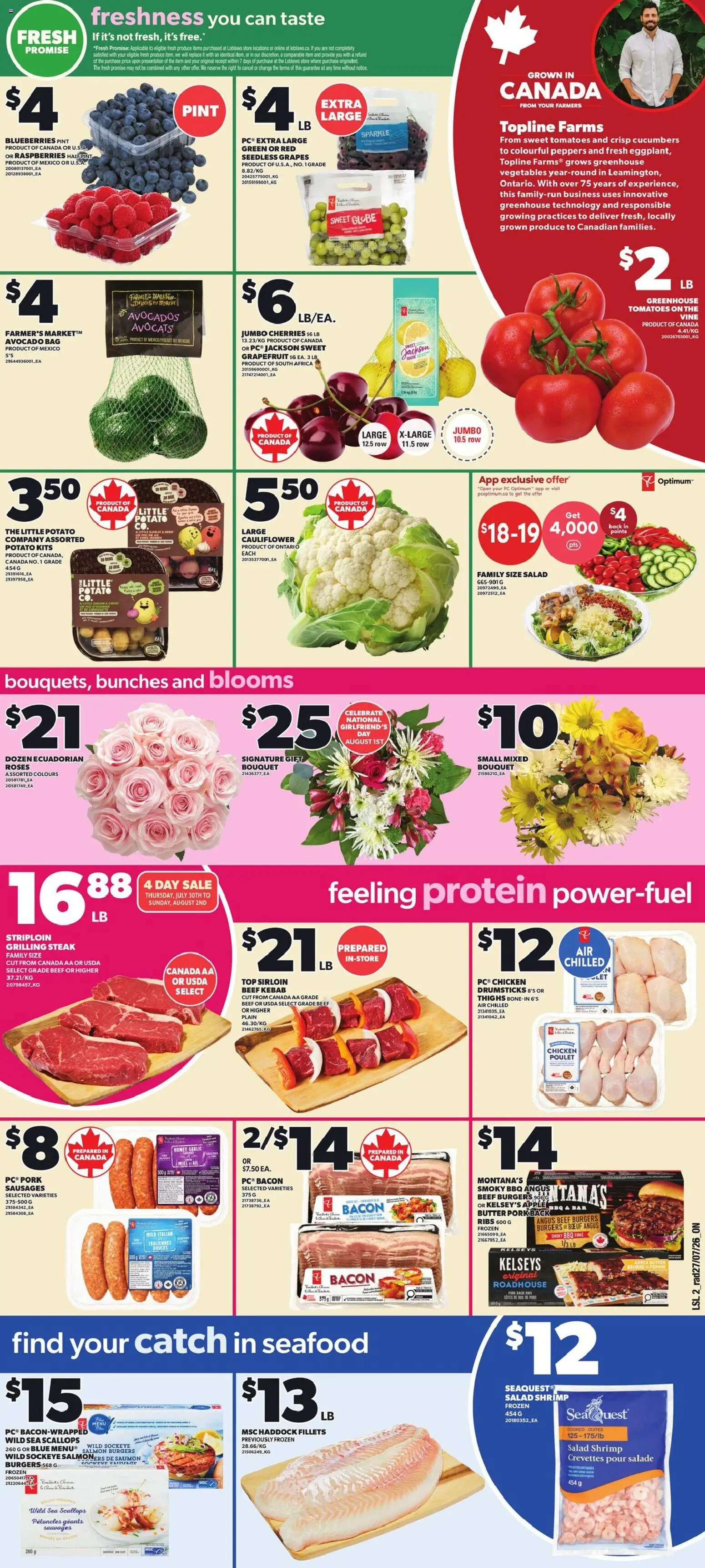 Loblaws flyer valid from Jul 30, 2026 | Page: 3 | Products: Seafood, Onion, Butter, Protein