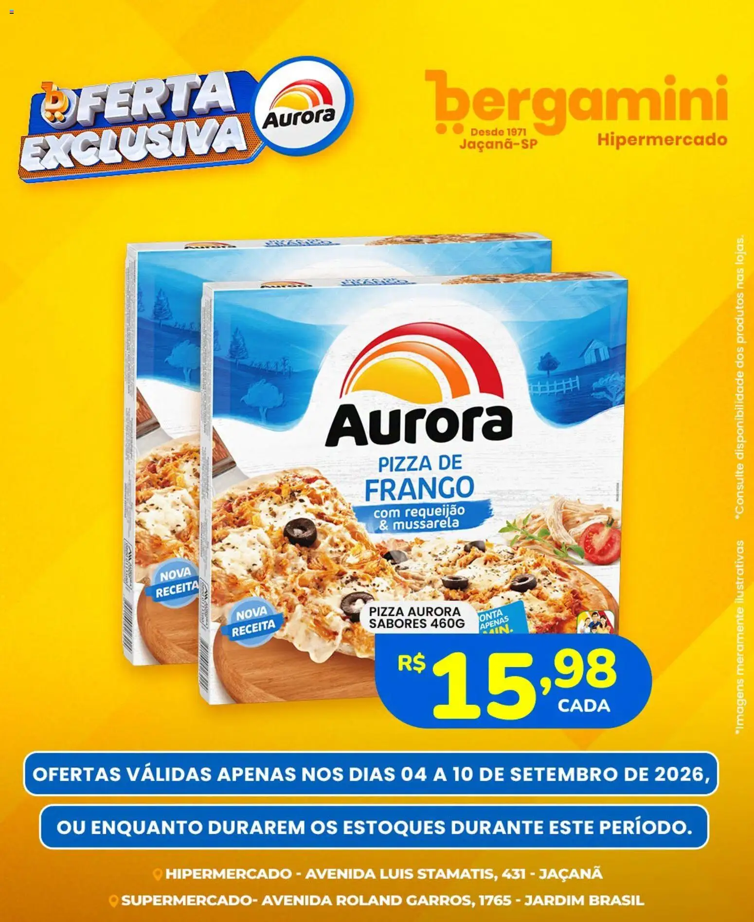Supermercado Bergamini Folheto - válido de 04/09/2026 | Página: 6 | Produtos: Pizza, Frango, Requeijão, Mussarela