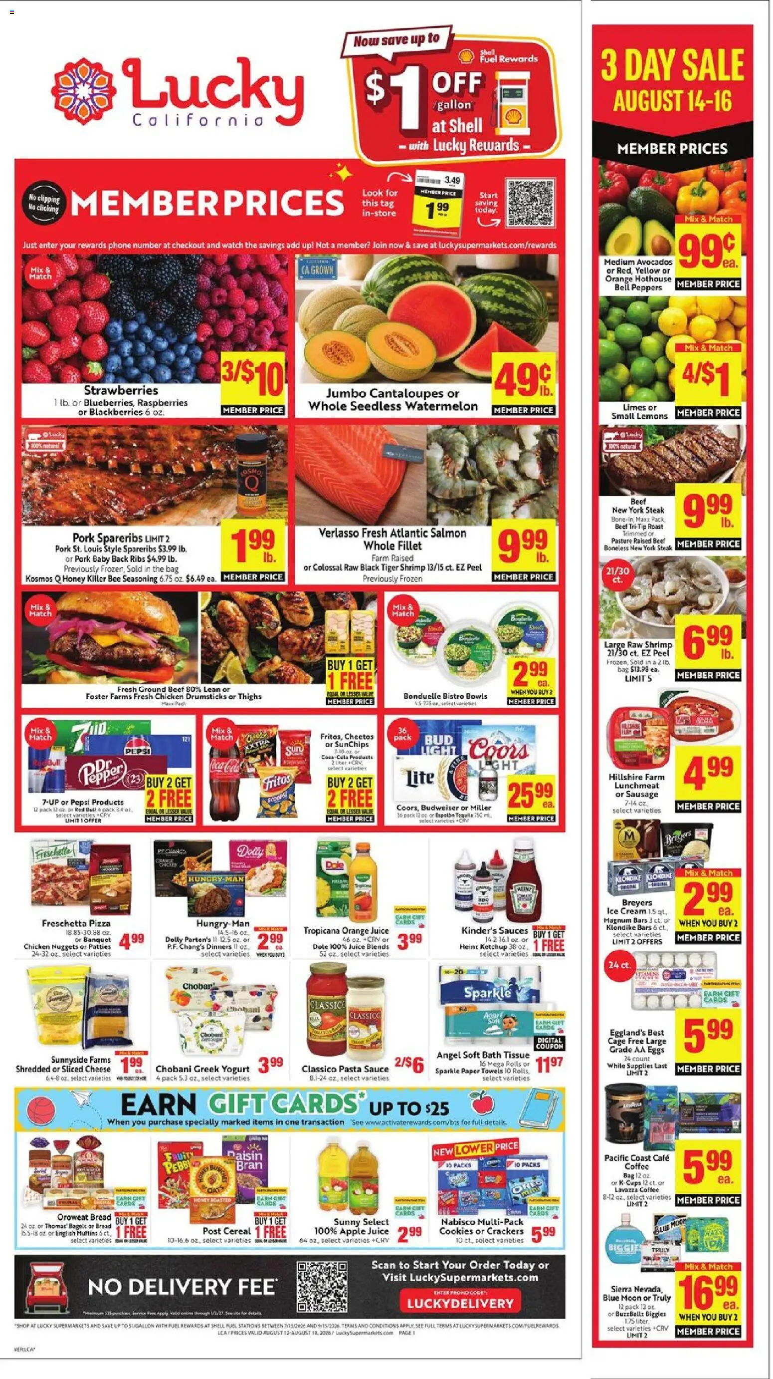 Lucky Supermarkets Weekly Ad - valid from 08/12/2026 | Page: 1 | Products: Peppers, Strawberries, Watermelon, Pepsi