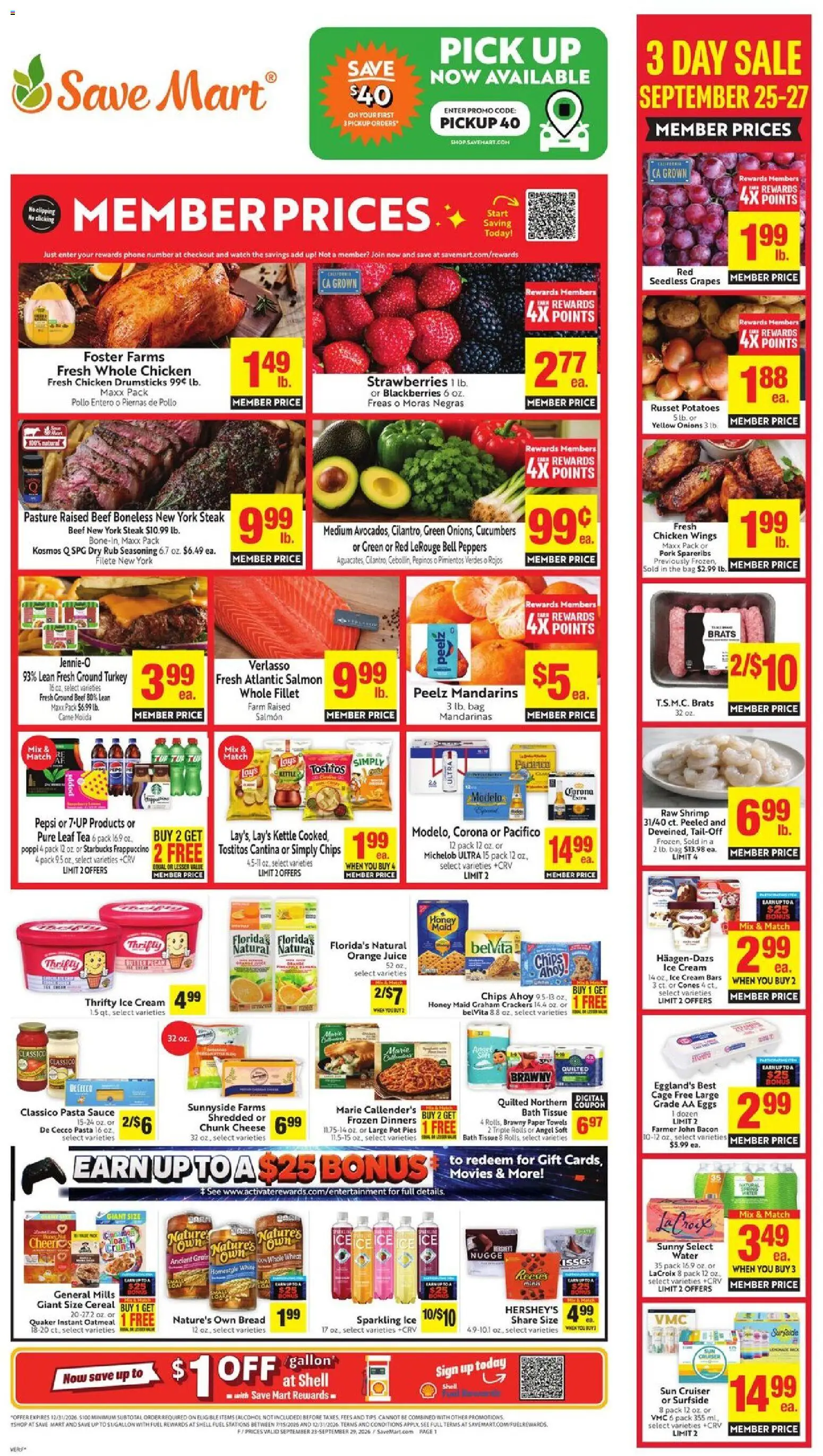 Save Mart Weekly Ad - valid from 09/23/2026 | Page: 1 | Products: Orange juice, Pasta, Bacon, Grapes