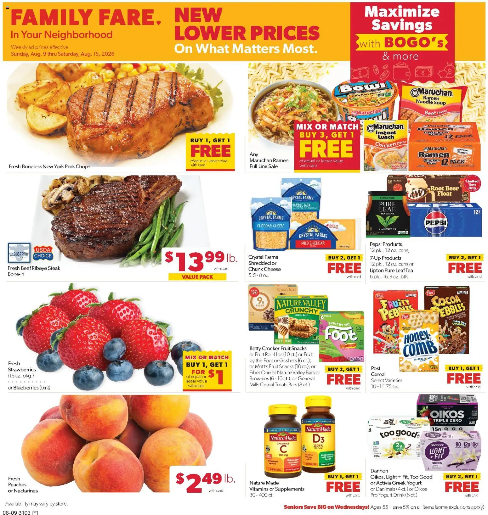 Family Fare Weekly Ad - ND - valid from 08/09/2026 | Page: 1 | Products: Honey, Milk, Snacks, Steak