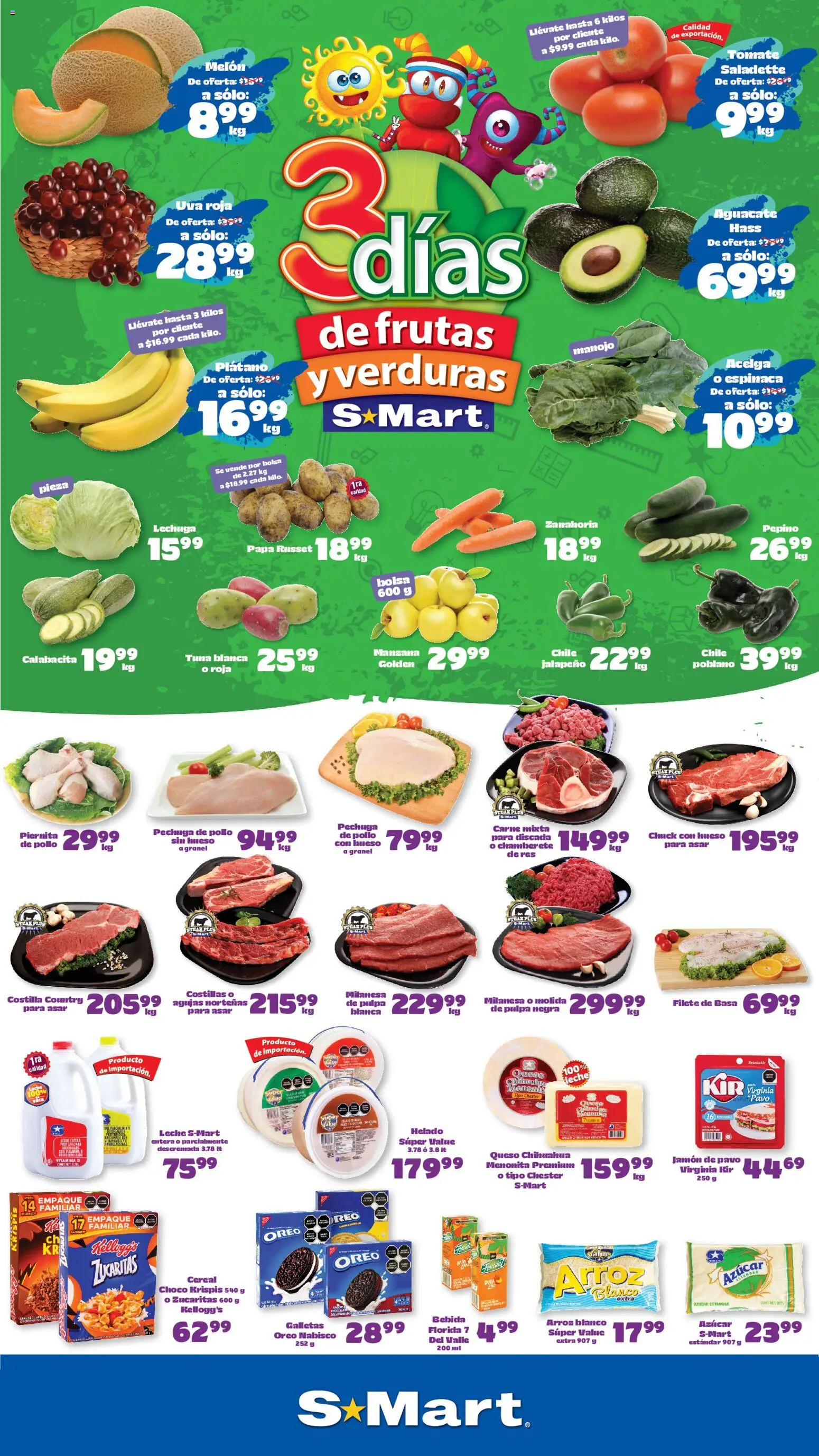 Nuevas ofertas de S-Mart válidas en toda la República Mexicana desde el 11/08/2026. ¡Encuentra las mejores ofertas en S-Mart folleto Monterrey! | Página: 1 | Productos: Acelga, Jamón, Res, Calabacita