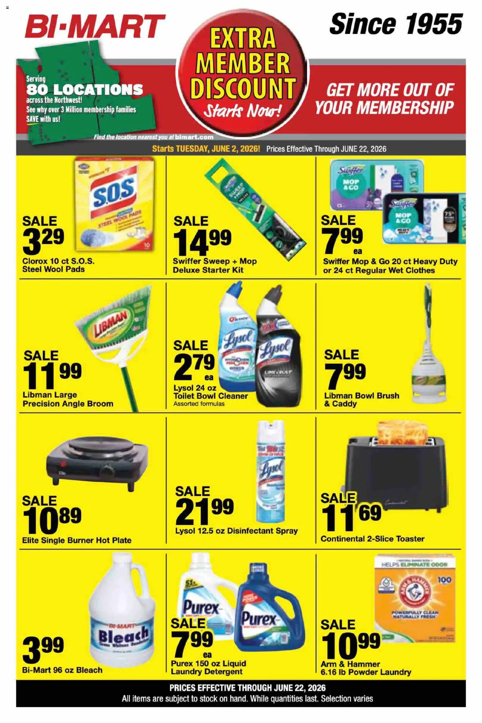 Bi-Mart Extra Member Discount - valid from 02.06.2026 | Page: 1 | Products: Toaster, Hammer, Detergent, Pads