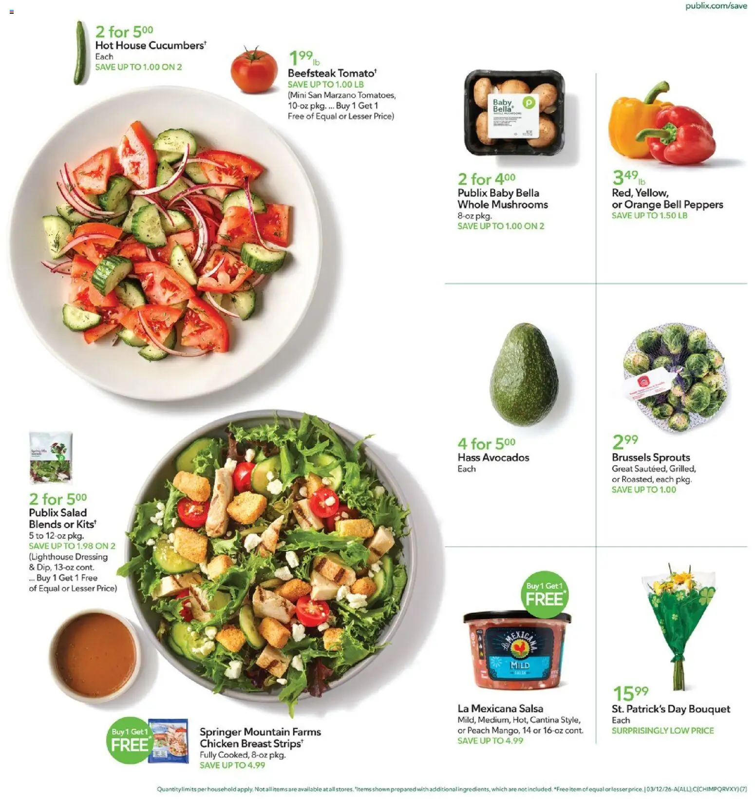 Publix Weekly Ad - valid from 11.03.2026 | Page: 7 | Products: Brussels Sprouts, Mushrooms, Salad, Peach