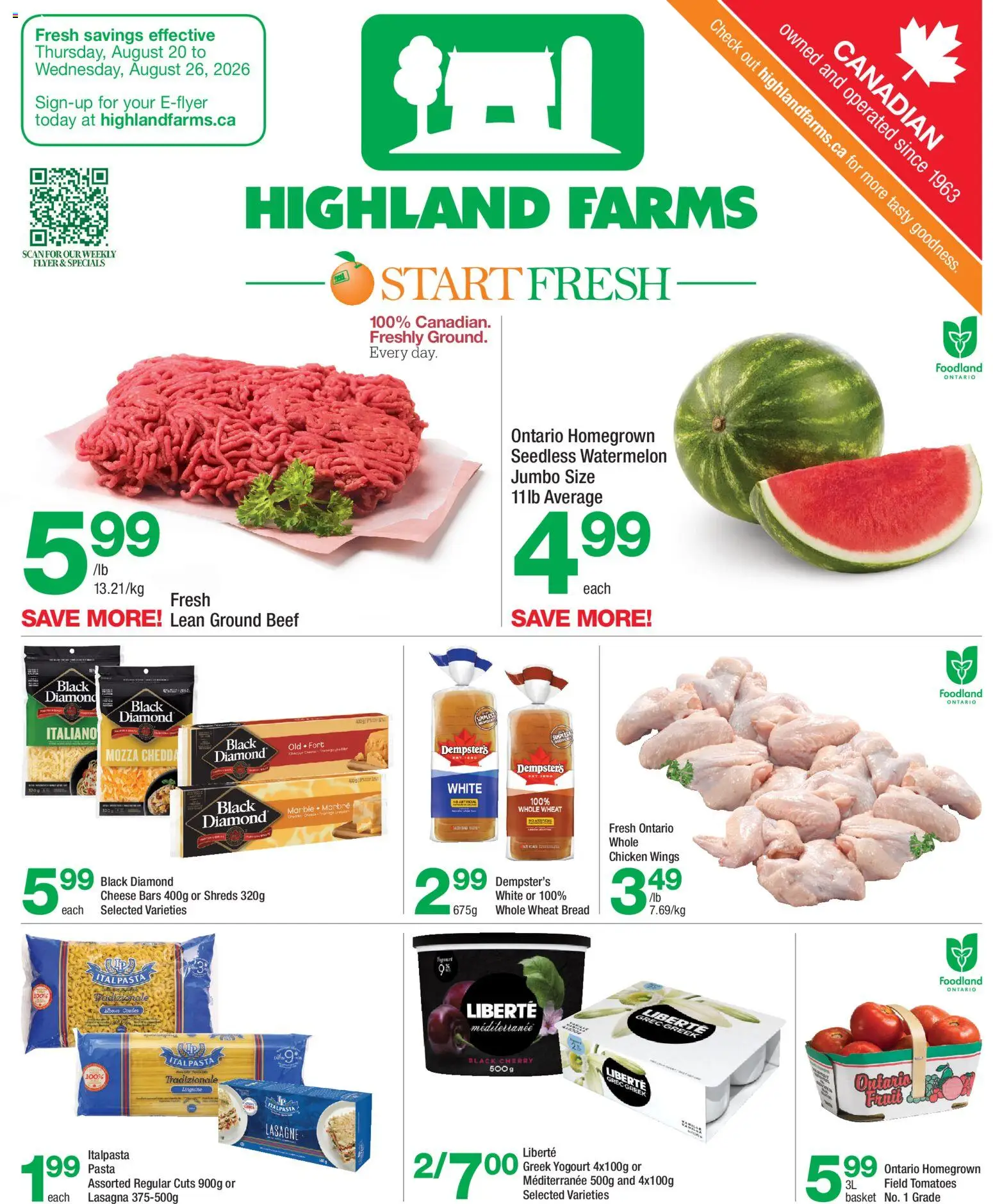 Highland Farms flyer valid from Aug 20, 2026 | Page: 1 | Products: Beef, Pasta, Seedless watermelon, Basket