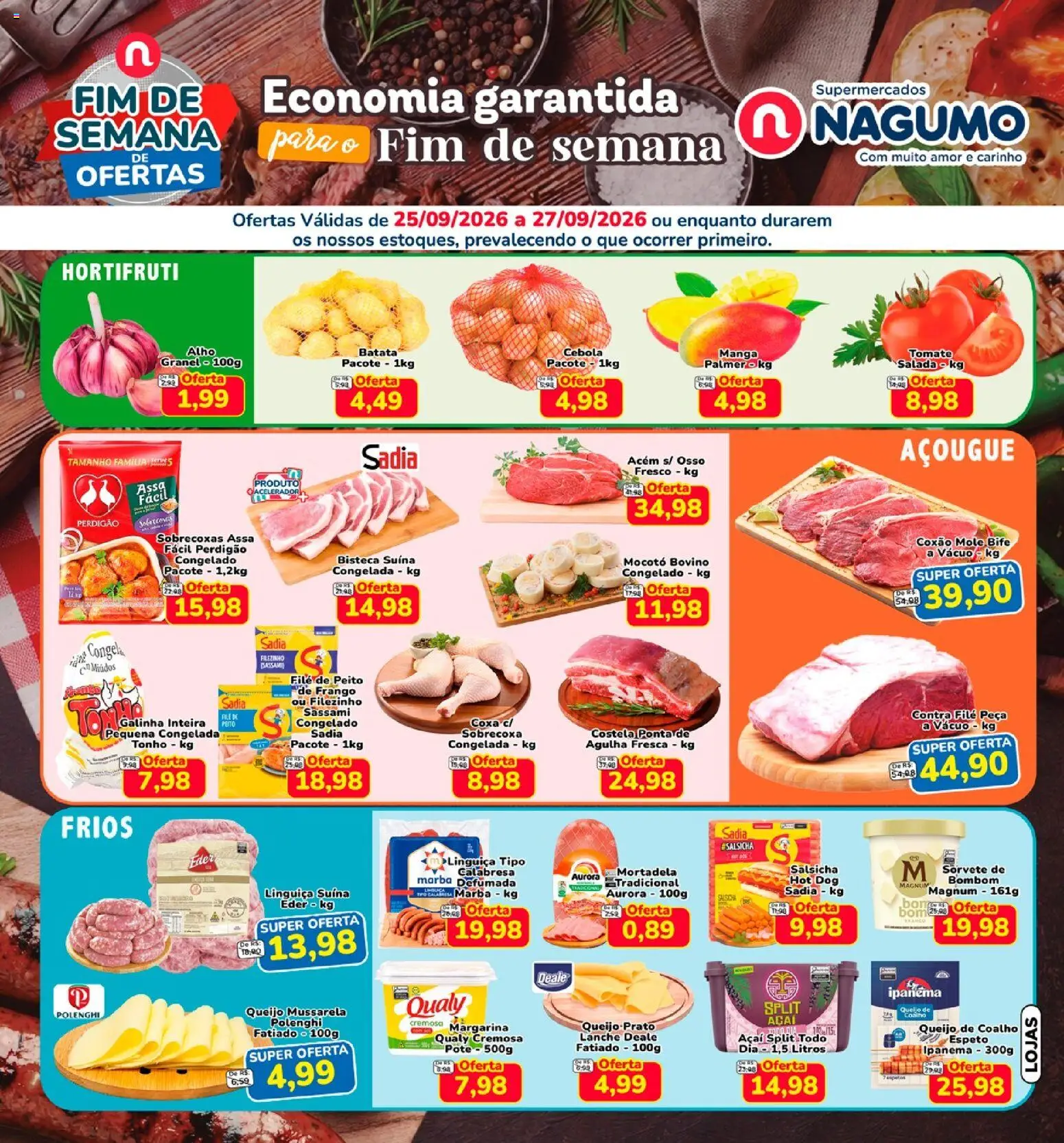Nagumo Folheto - válido de 25/09/2026 | Página: 1 | Produtos: Queijo, Manga, Peito de frango, Açaí