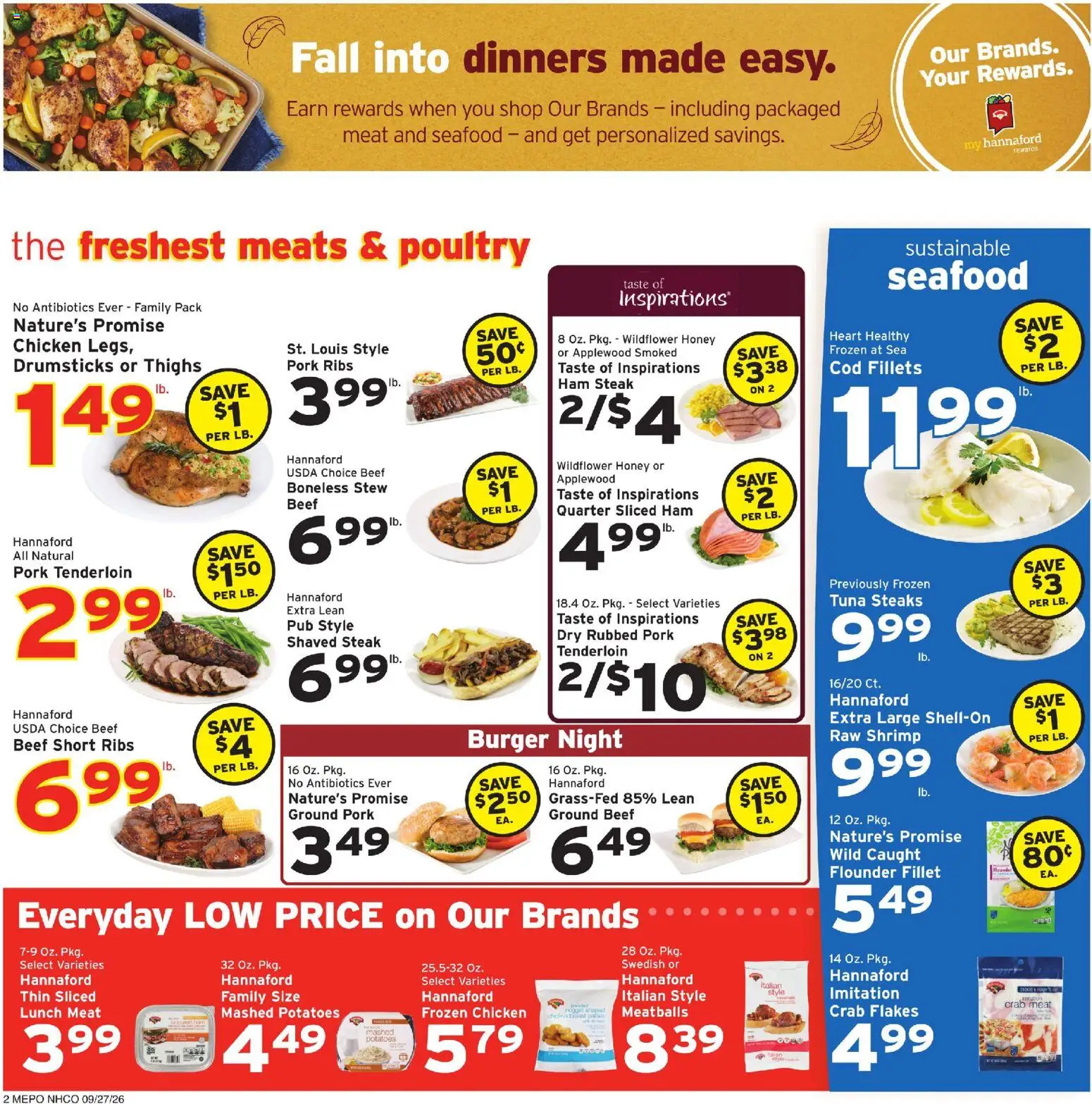 Hannaford Weekly Flyer - valid from 09/27/2026 | Page: 2 | Products: Pork ribs, Shrimp, Flakes, Poultry