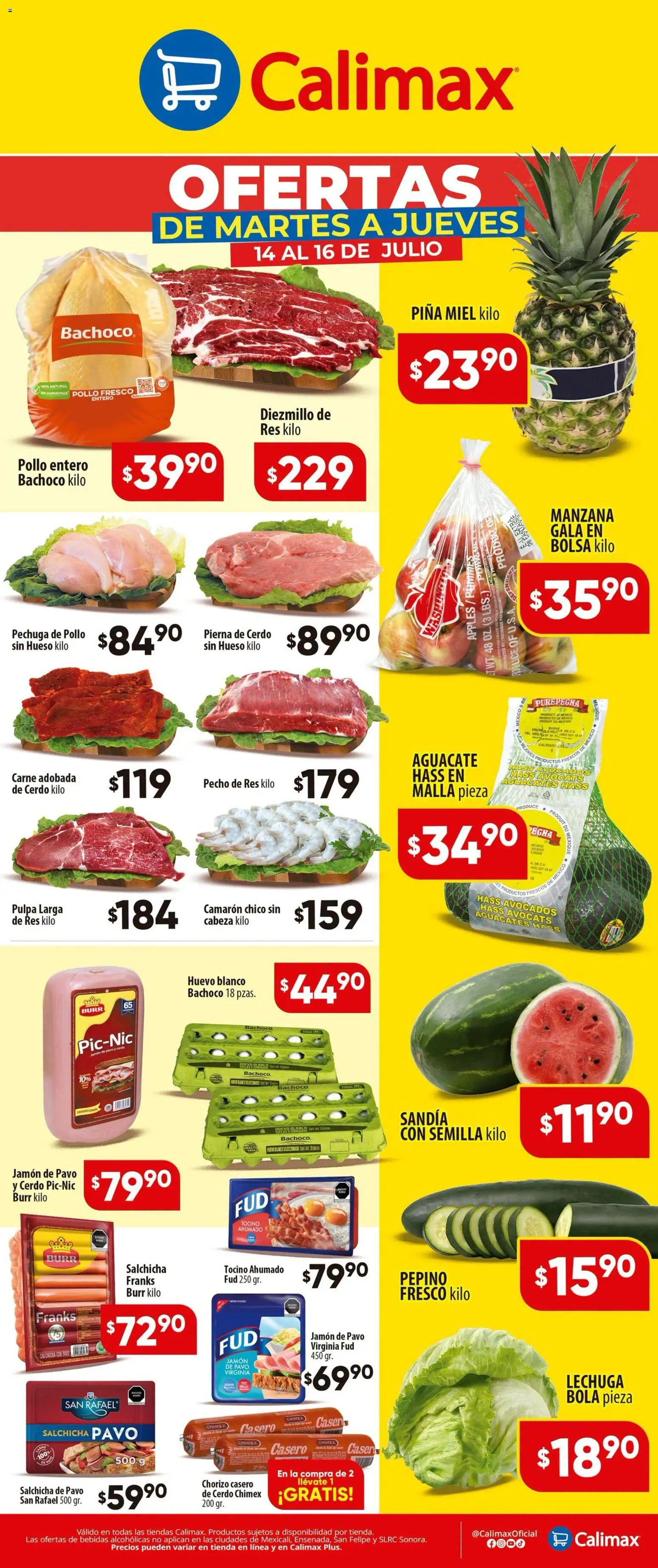 Nuevas ofertas de Calimax válidas en toda la República Mexicana desde el 14/07/2026. ¡Encuentra las mejores ofertas en Calimax folleto! | Página: 1 | Productos: Pollo, Salchicha, Res, Malla