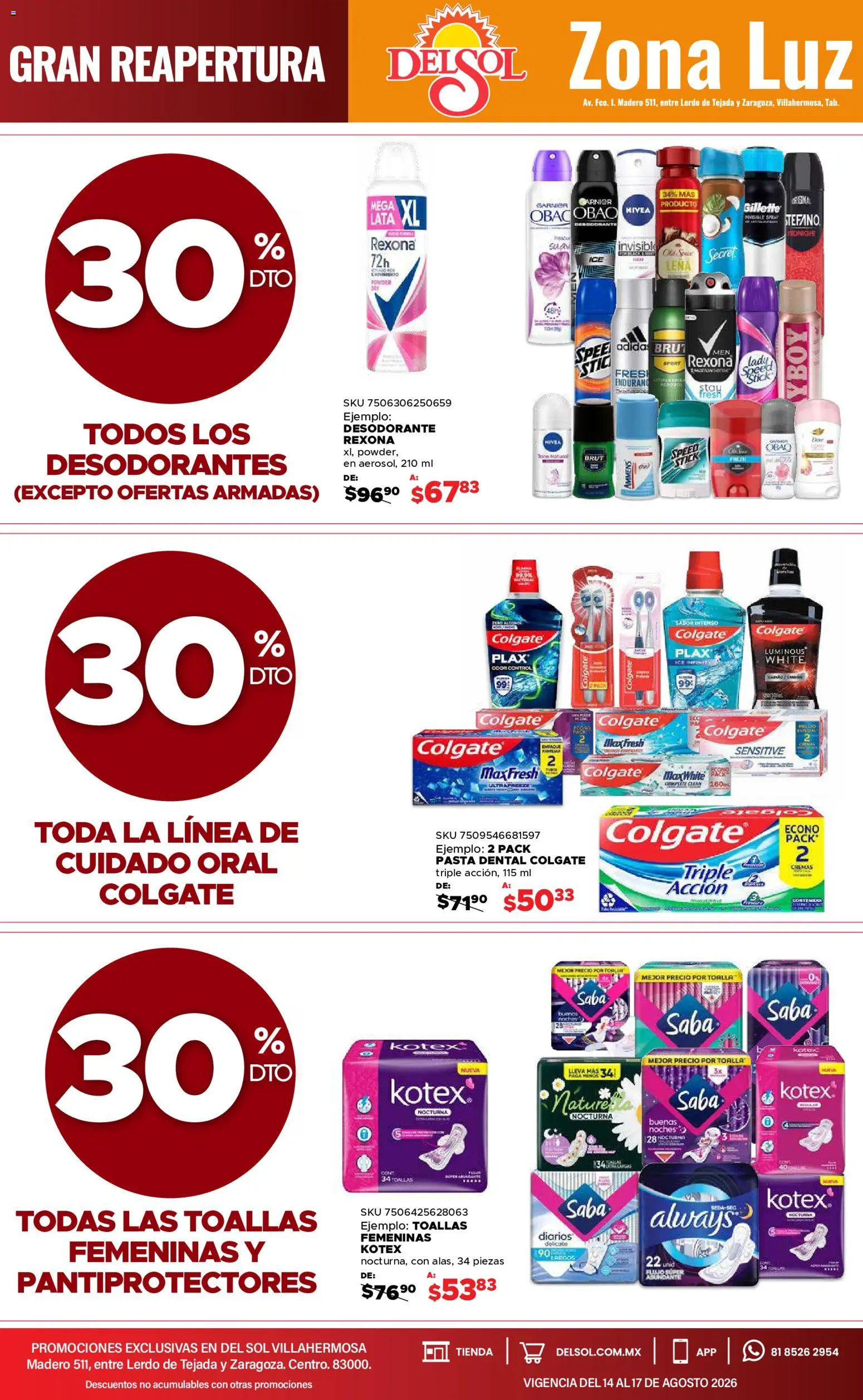 Nuevas ofertas de Del Sol y Woolworth válidas en toda la República Mexicana desde el 14/08/2026. ¡Encuentra las mejores ofertas en Del Sol y Woolworth katalog 4 Días de Grandes Promociones! | Página: 9 | Productos: Desodorante, Toalla, Leña, Toallas
