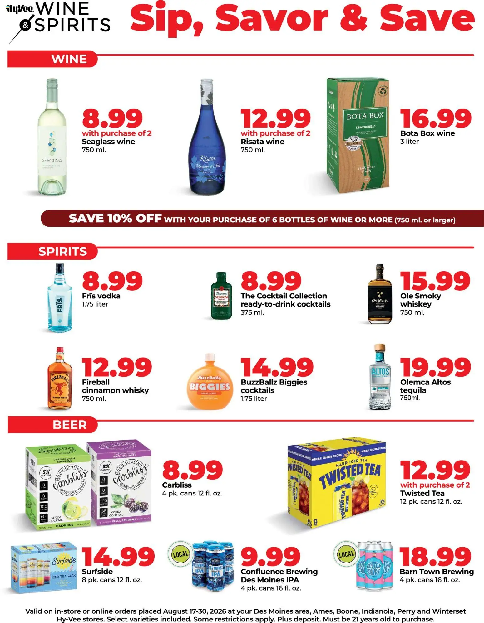 HyVee Wine & Spirits Specials - valid from 08/17/2026 | Page: 1 | Products: Beer, Tea, Lemon, Cocktails