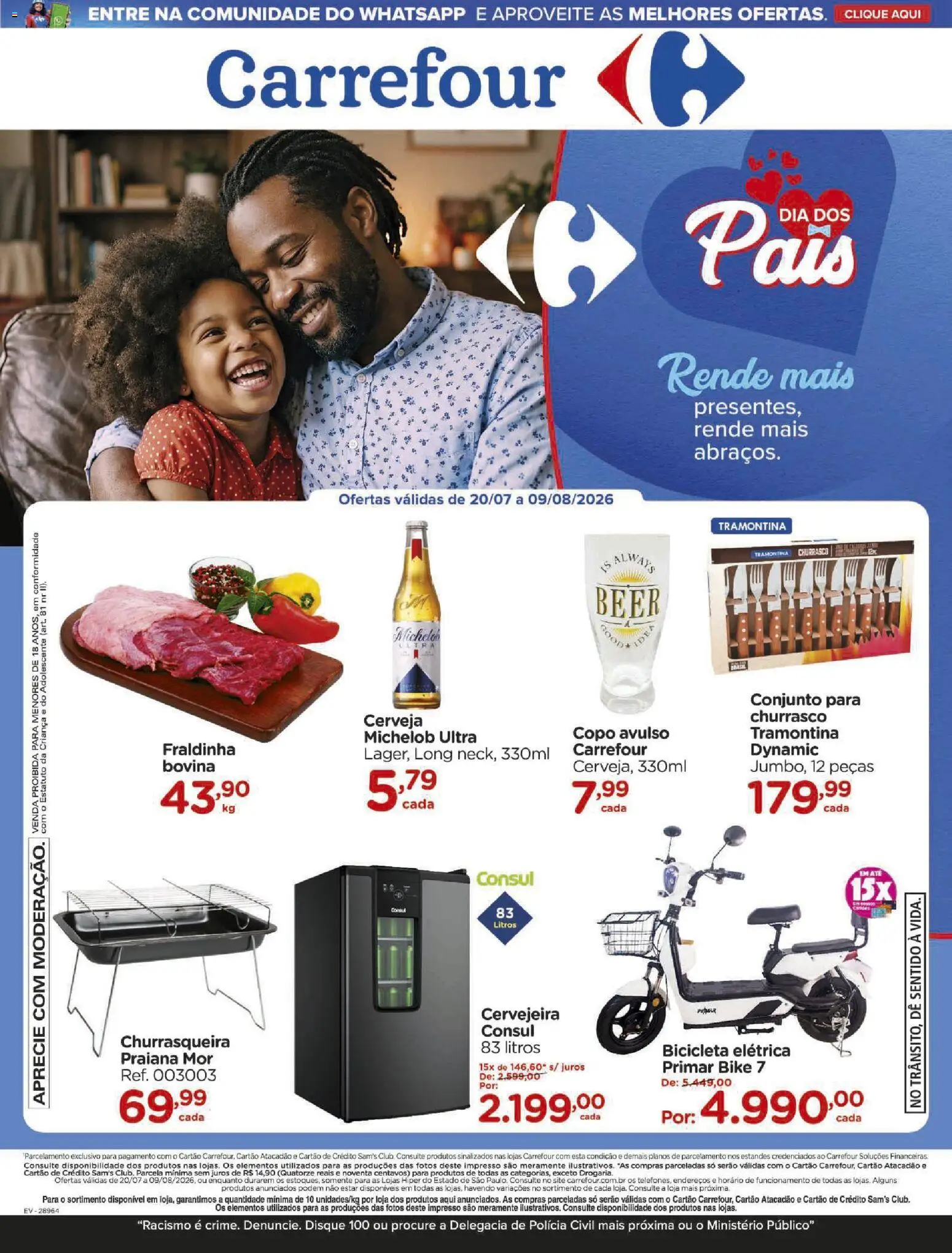 Carrefour Folheto - válido de 20/07/2026 | Página: 1 | Produtos: Bicicleta, Cervejeira, Fraldinha, Cerveja