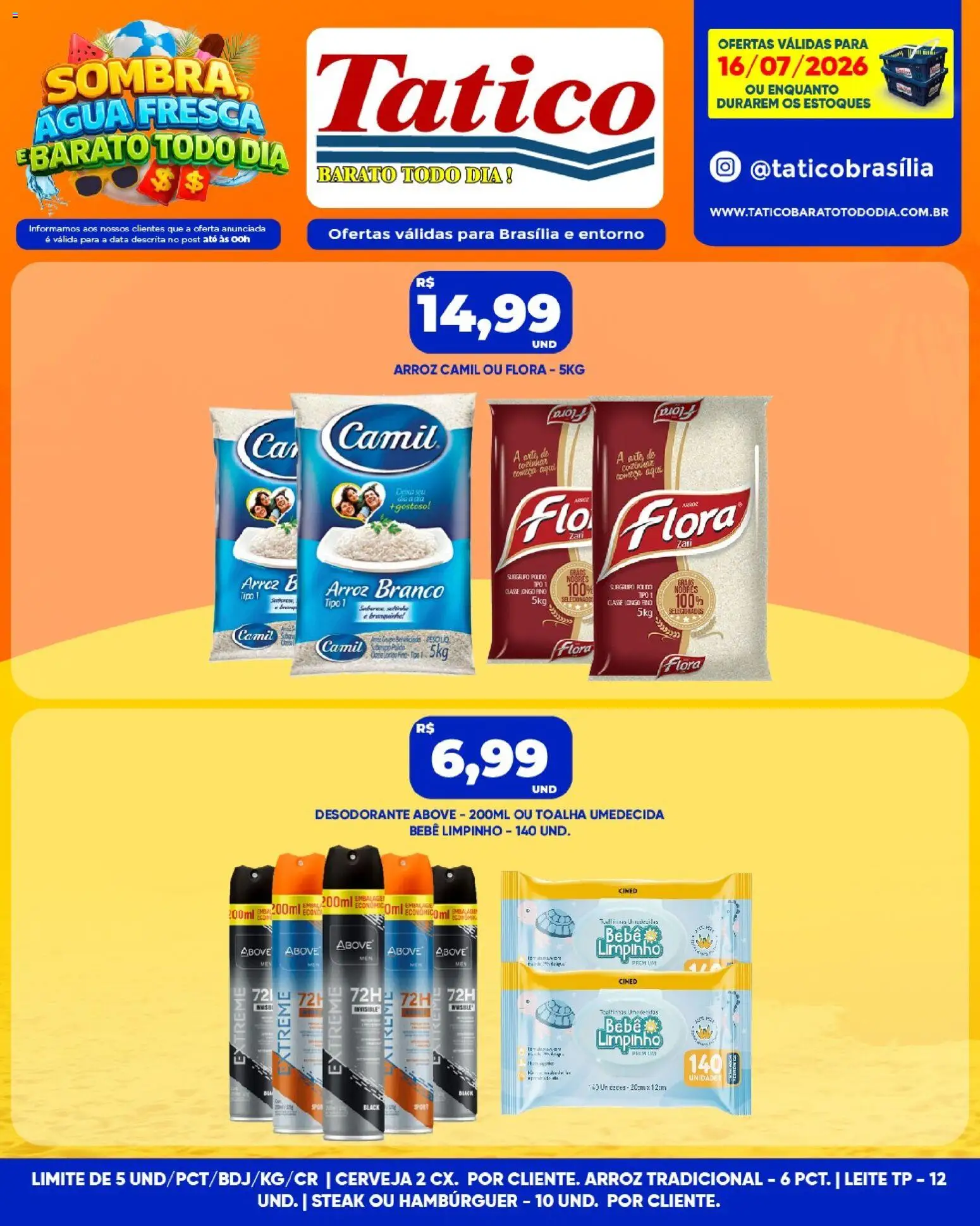 Tatico Folheto - válido de 16/07/2026 | Página: 7 | Produtos: Desodorante, Cerveja, Arroz, Toalha umedecida