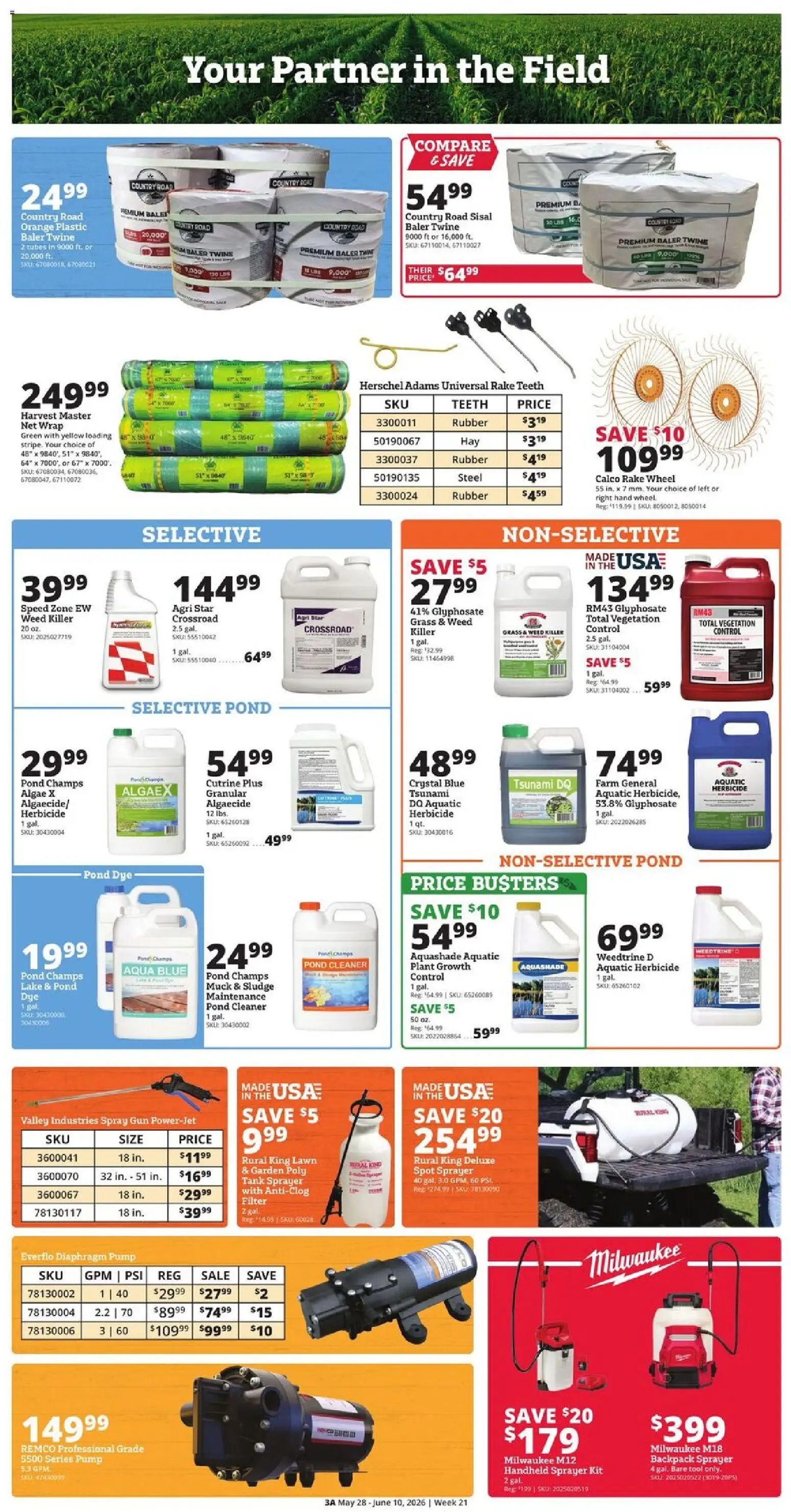Rural King Weekly Ad - valid from 28.05.2026 | Page: 3 | Products: Rake, Pump, Backpack, Gun