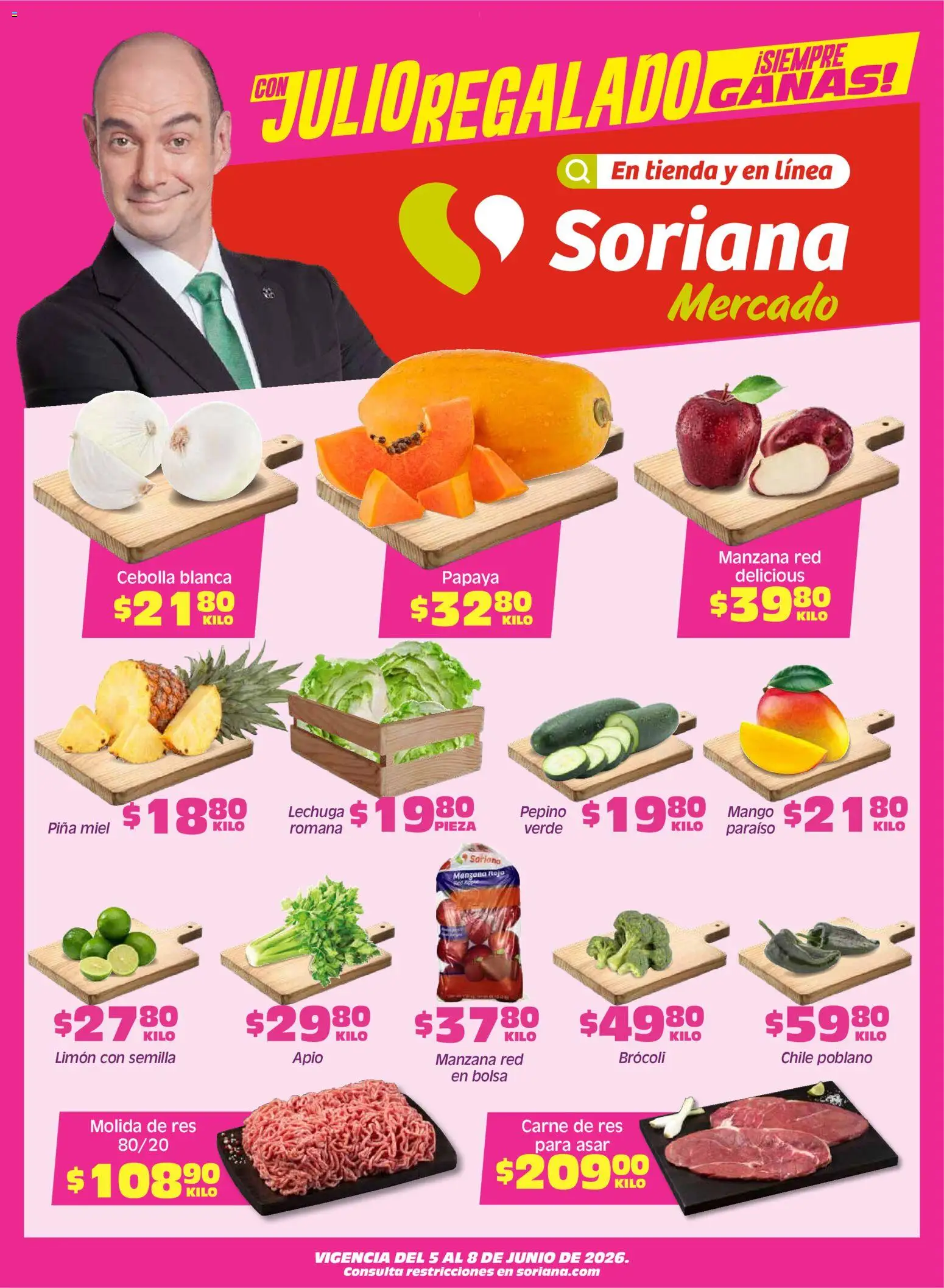 Nuevas ofertas de Soriana válidas en toda la República Mexicana desde el 05.06.2026. ¡Encuentra las mejores ofertas en Soriana Fin de Semana Mercado: Ver, Tab, Chis, Camp, Yuc y Q. Roo! | Página: 1 | Productos: Apio, Limón, Res, Piña
