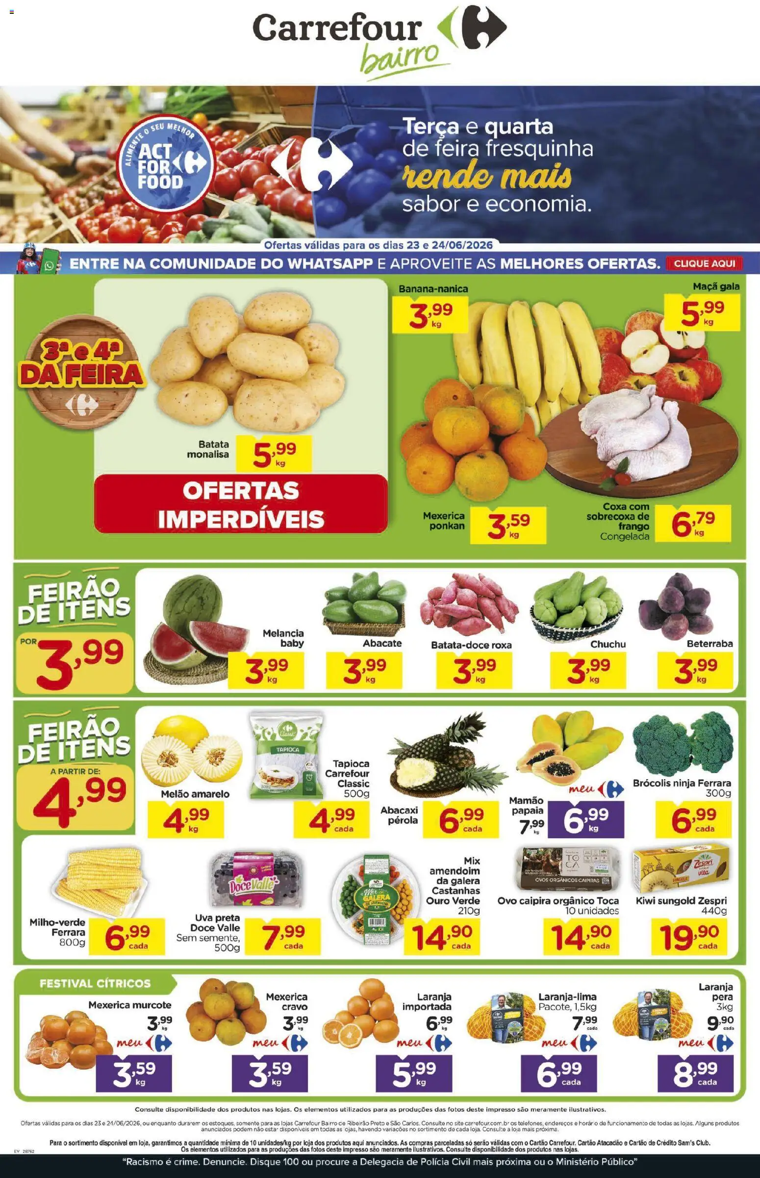 Carrefour Bairro Folheto - válido de 23/06/2026 | Página: 1 | Produtos: Melancia, Pera, Tapioca, Ovos