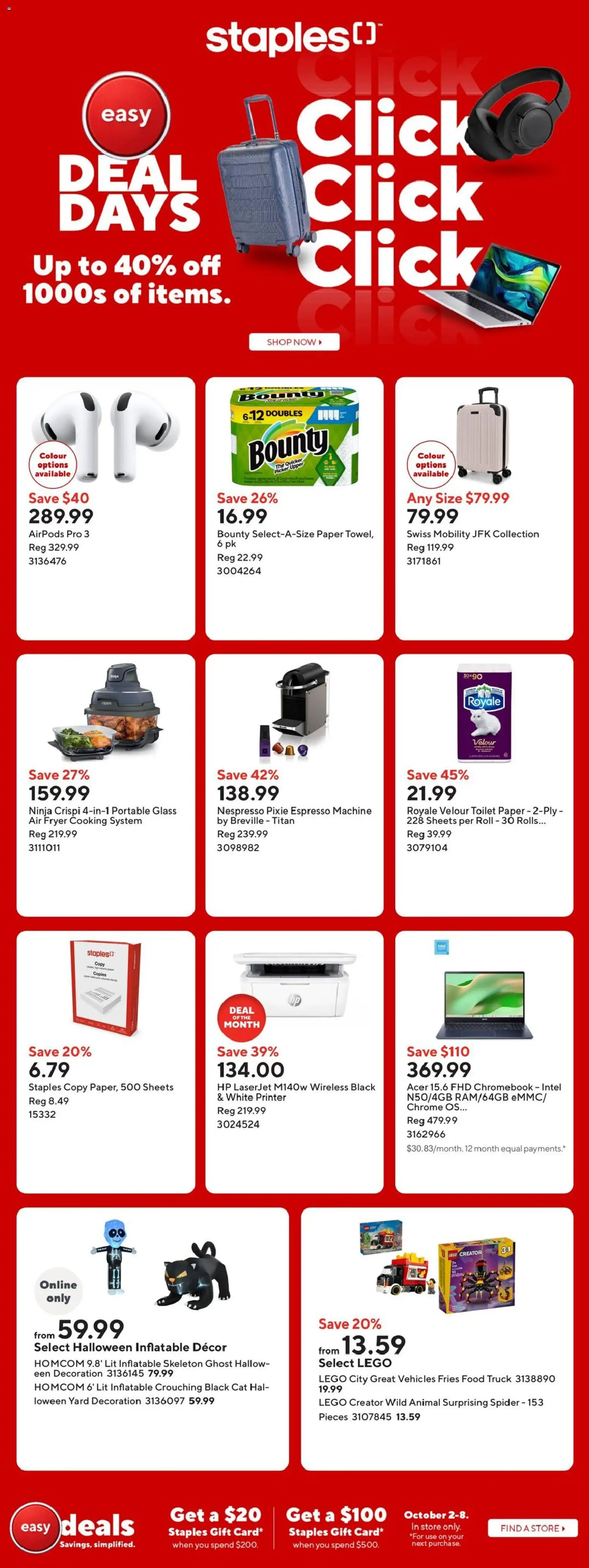 Staples flyer valid from Oct 2, 2026 | Page: 1 | Products: Printer, LEGO, Toilet paper, Food