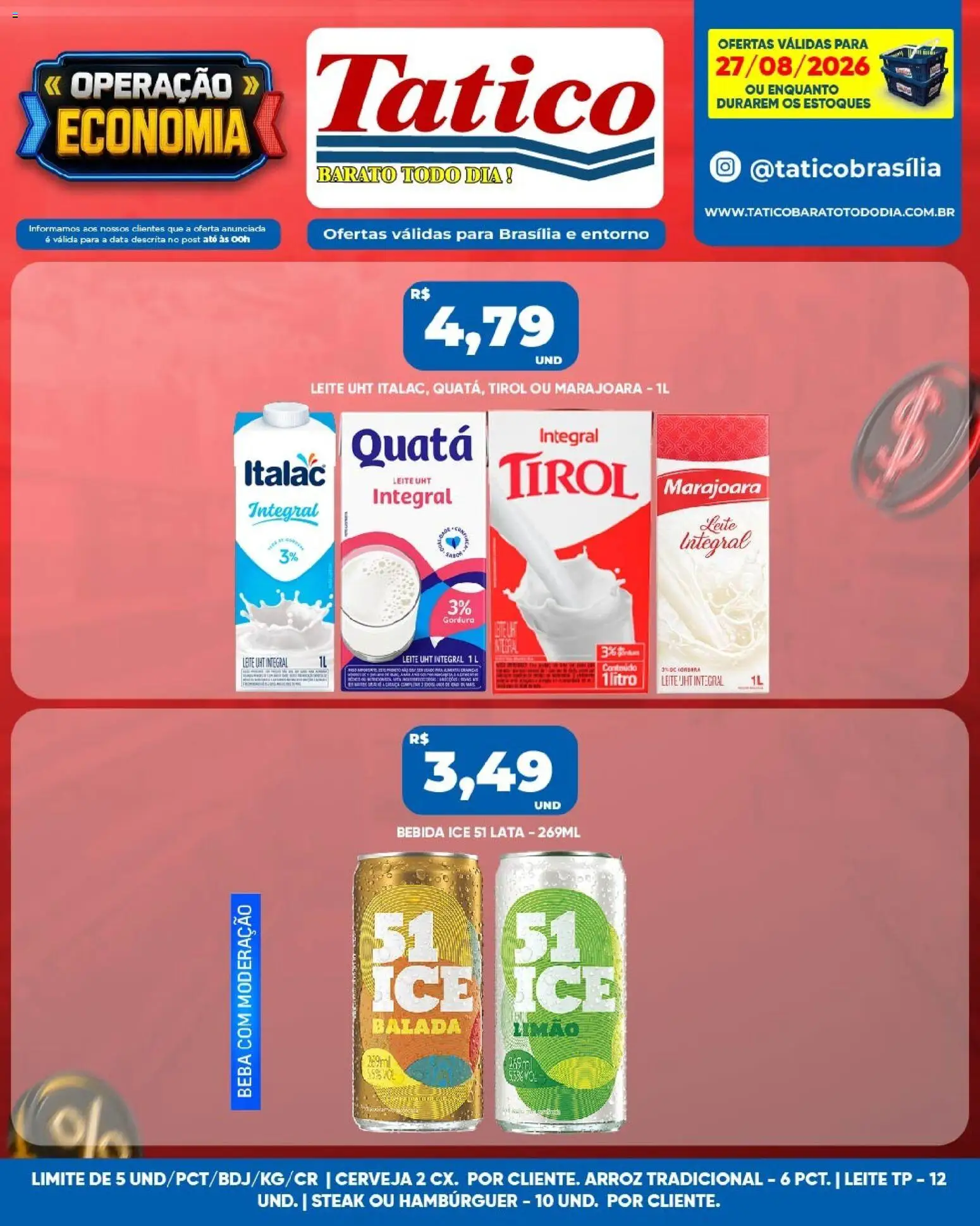 Tatico Folheto - válido de 27/08/2026 | Página: 3 | Produtos: Steak, Leite integral, Arroz, Hambúrguer