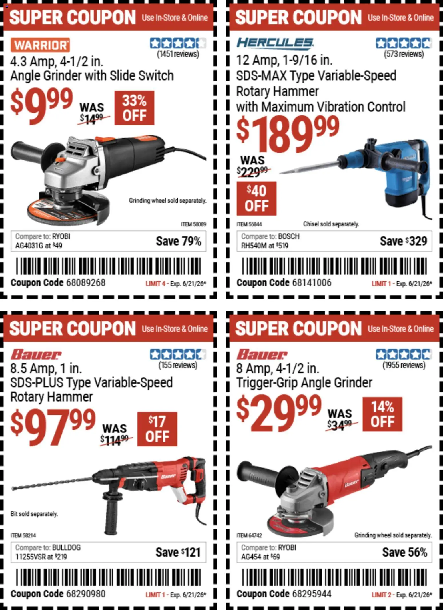 Harbor Freight Weekly Ad - valid from 08.06.2026 | Page: 3 | Products: Angle Grinder, Hammer, Chisel, Grinder