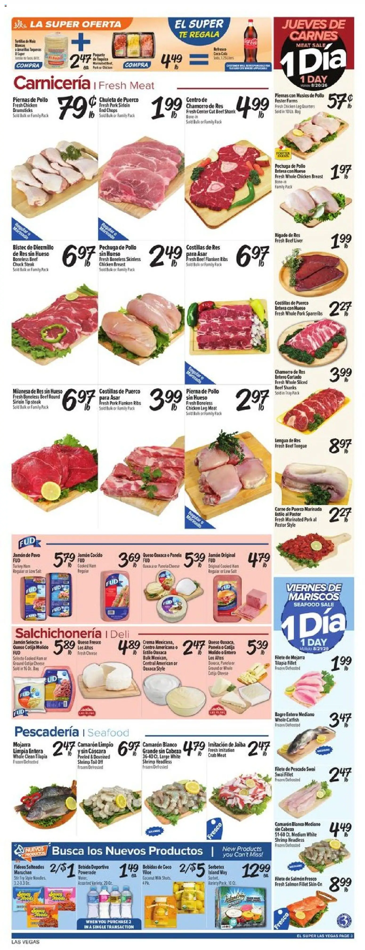 El Super Weekly Ad - NV - valid from 08/19/2026 | Page: 3 | Products: Shrimp, Meat, Cheese, Tilapia