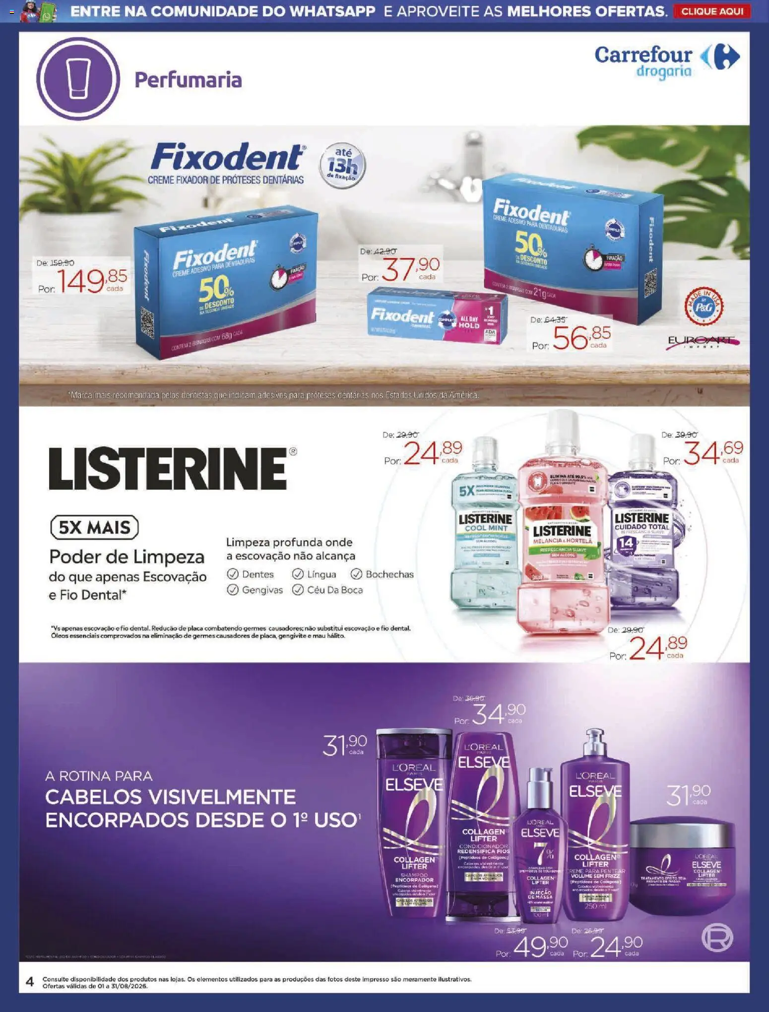 Carrefour Folheto - válido de 01/08/2026 | Página: 4 | Produtos: Shampoo, Hortelã, Creme adesivo, Fixador