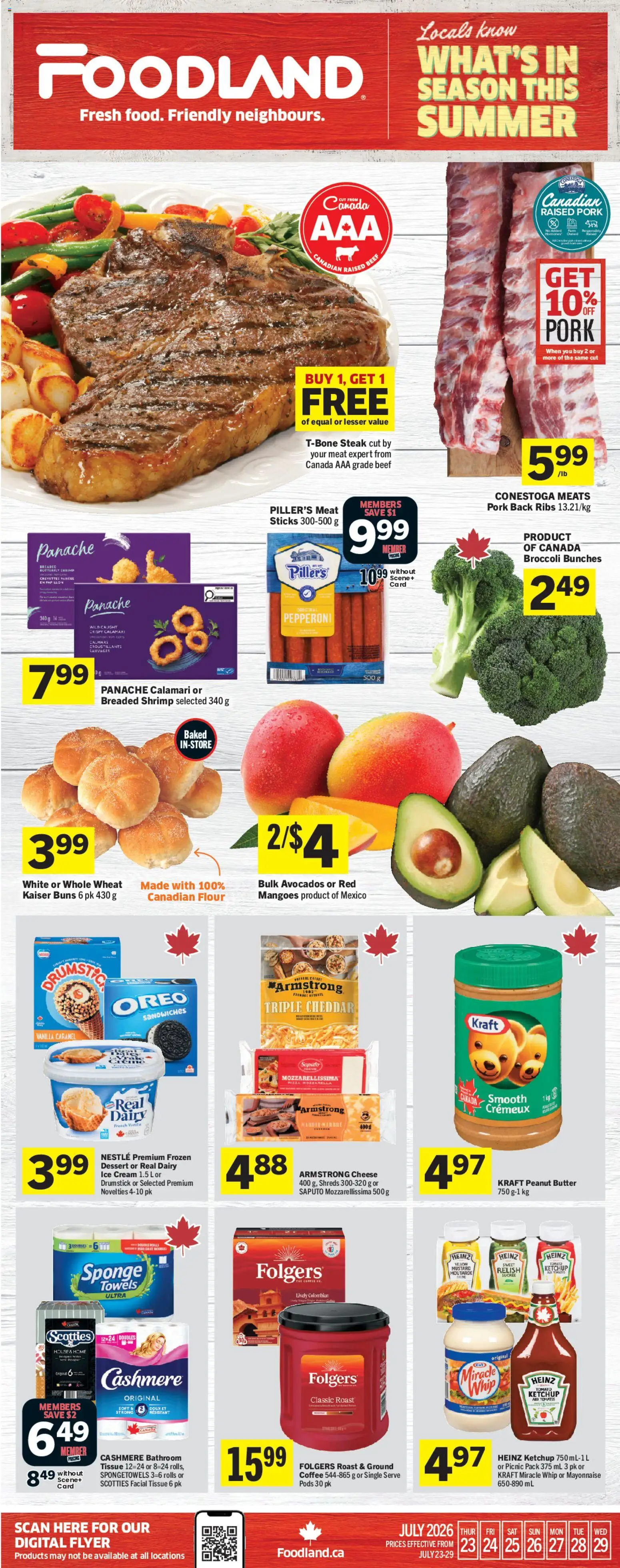 Foodland flyer valid from Jul 23, 2026 | Page: 1 | Products: Ketchup, Sponge, Cheese, Pizza