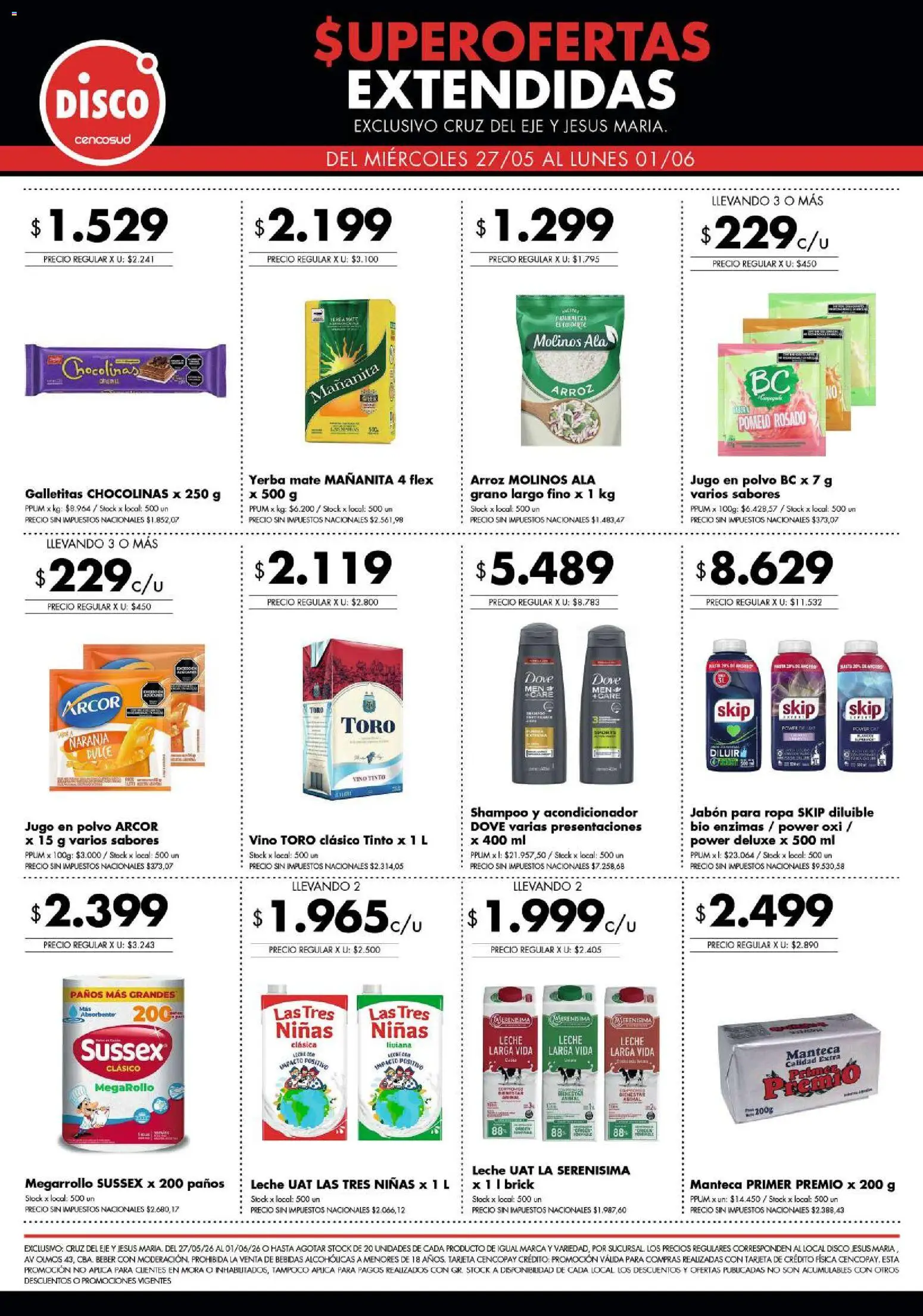 Disco - Superofertas extendidas - Cruz del Eje y Jesus Maria │ válido desde el 26.05.2026 | Página: 1 | Productos: Disco, Mate, Leche, Arroz