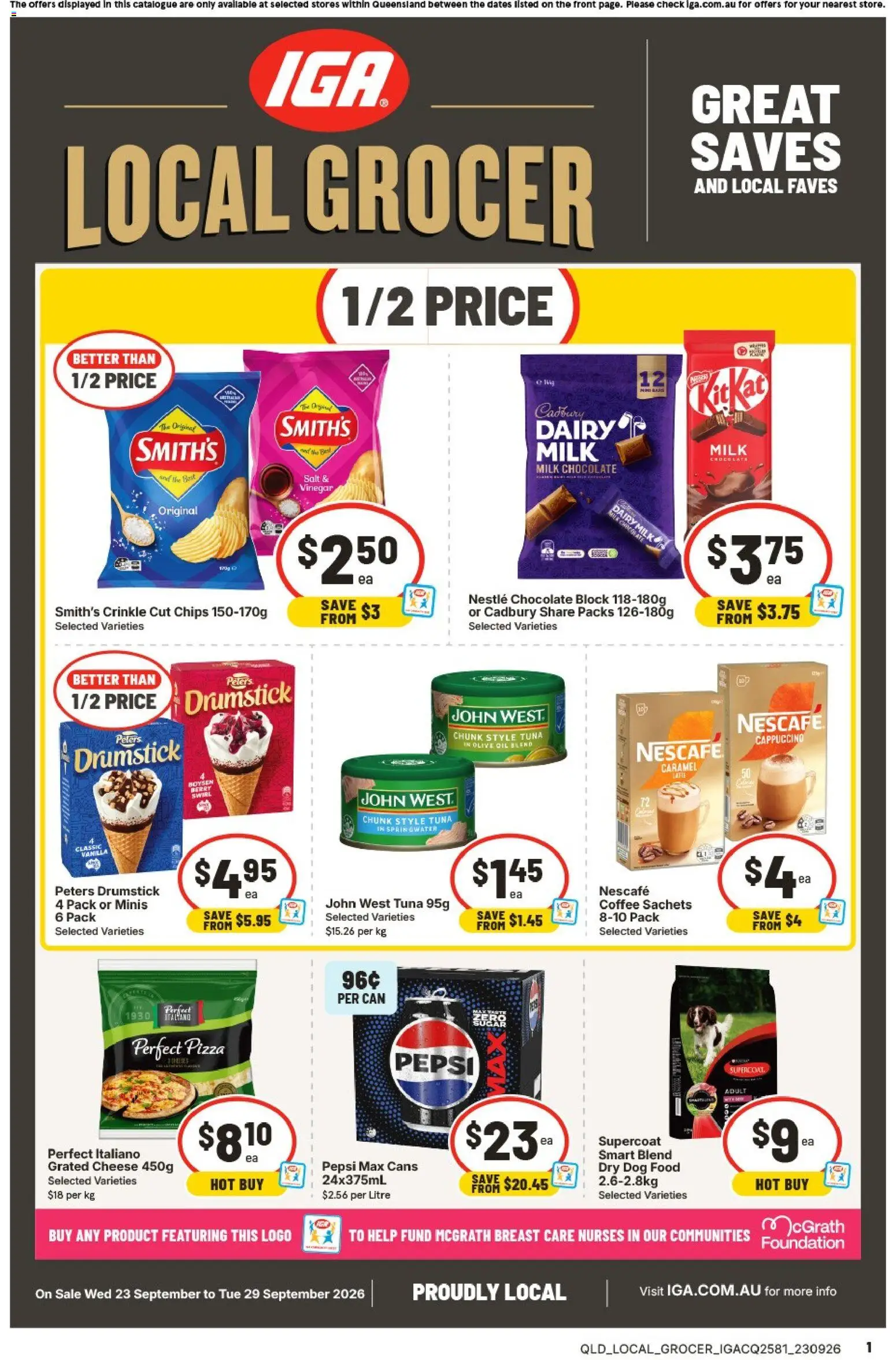 IGA catalogue - valid from 23/09/2026 | Page: 1 | Products: Cheese, Chocolate, Chips, Sachets