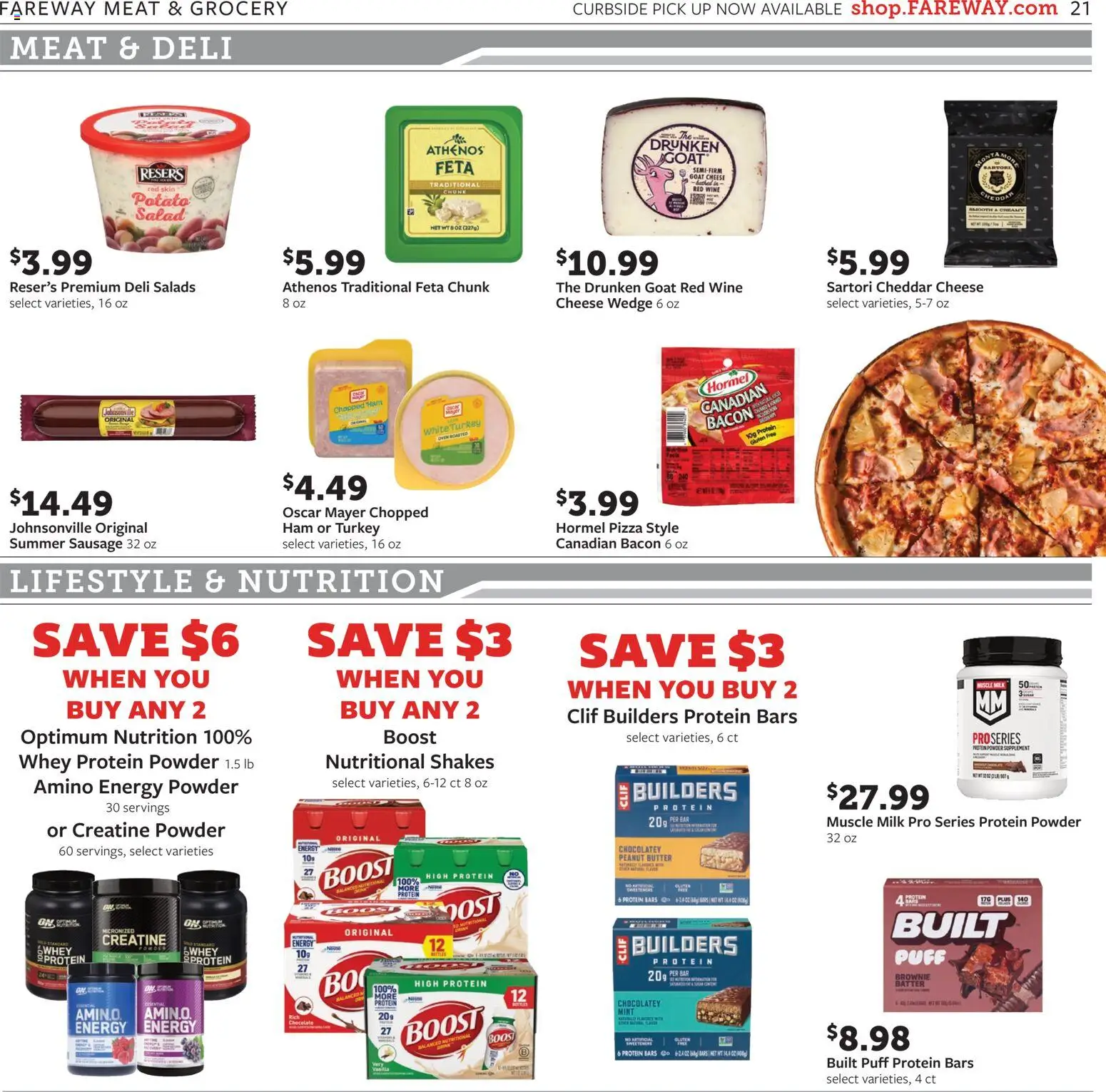 Fareway Weekly Ad - valid from 09/07/2026 | Page: 21 | Products: Protein Powder, Creatine, Pizza, Cheddar cheese
