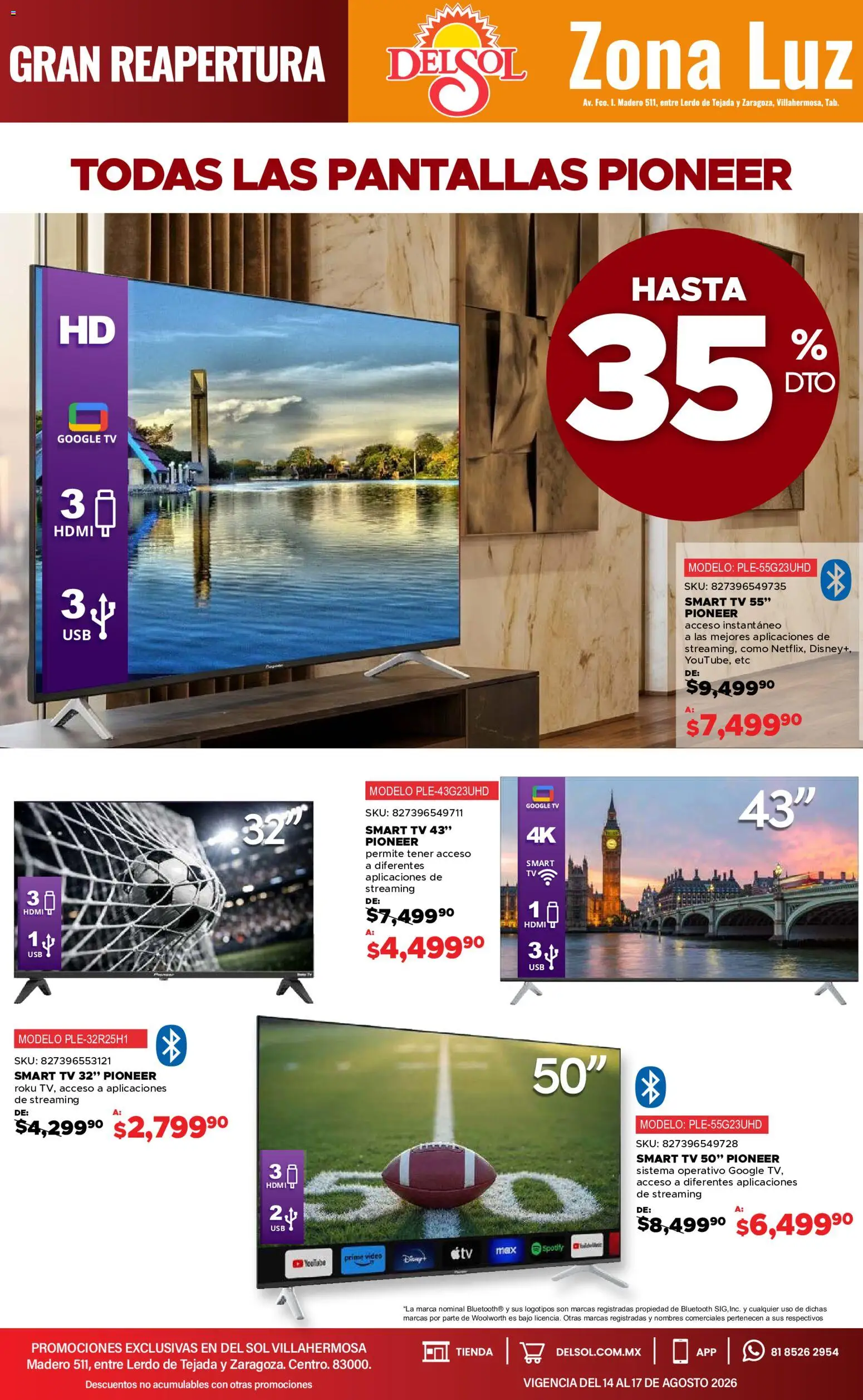 Nuevas ofertas de Del Sol y Woolworth válidas en toda la República Mexicana desde el 14/08/2026. ¡Encuentra las mejores ofertas en Del Sol y Woolworth katalog 4 Días de Grandes Promociones! | Página: 11 | Productos: Pantallas, Video