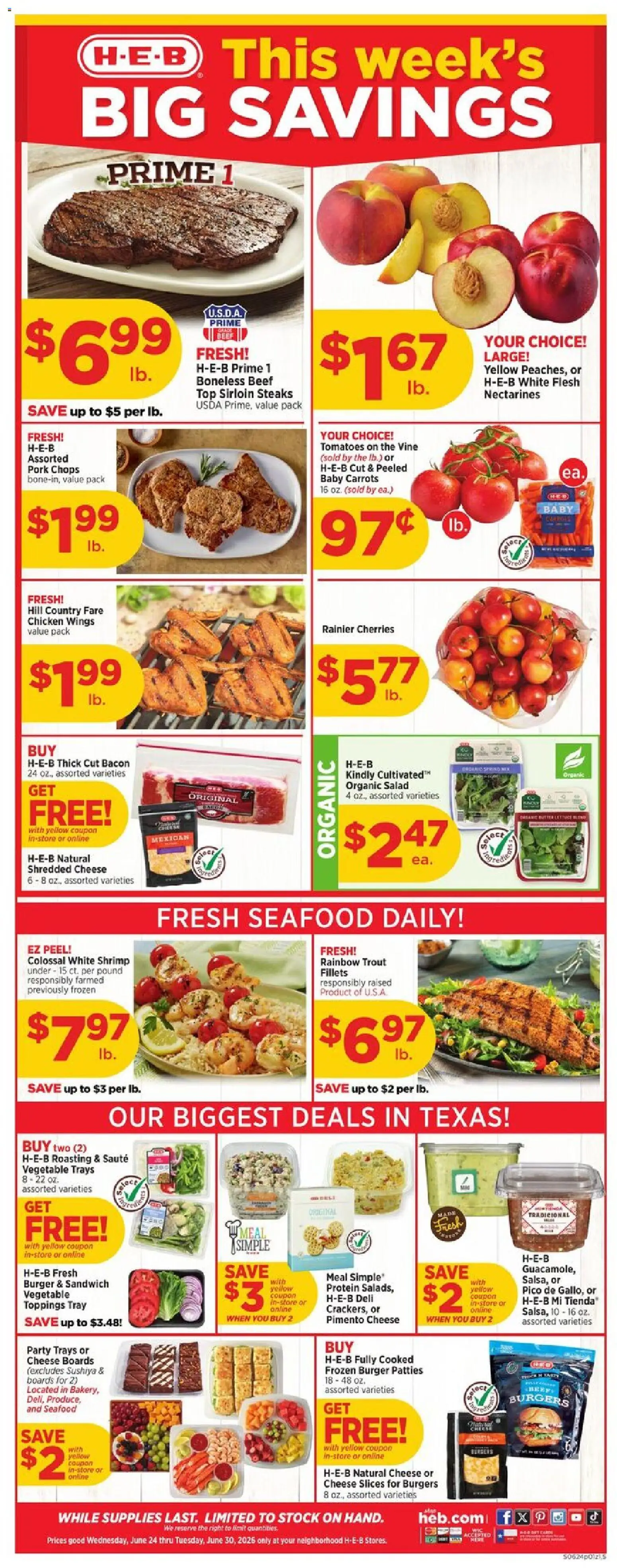 H-E-B Weekly Ad - valid from 06/24/2026 | Page: 1 | Products: Cherries, Cheese, Pork, Beef