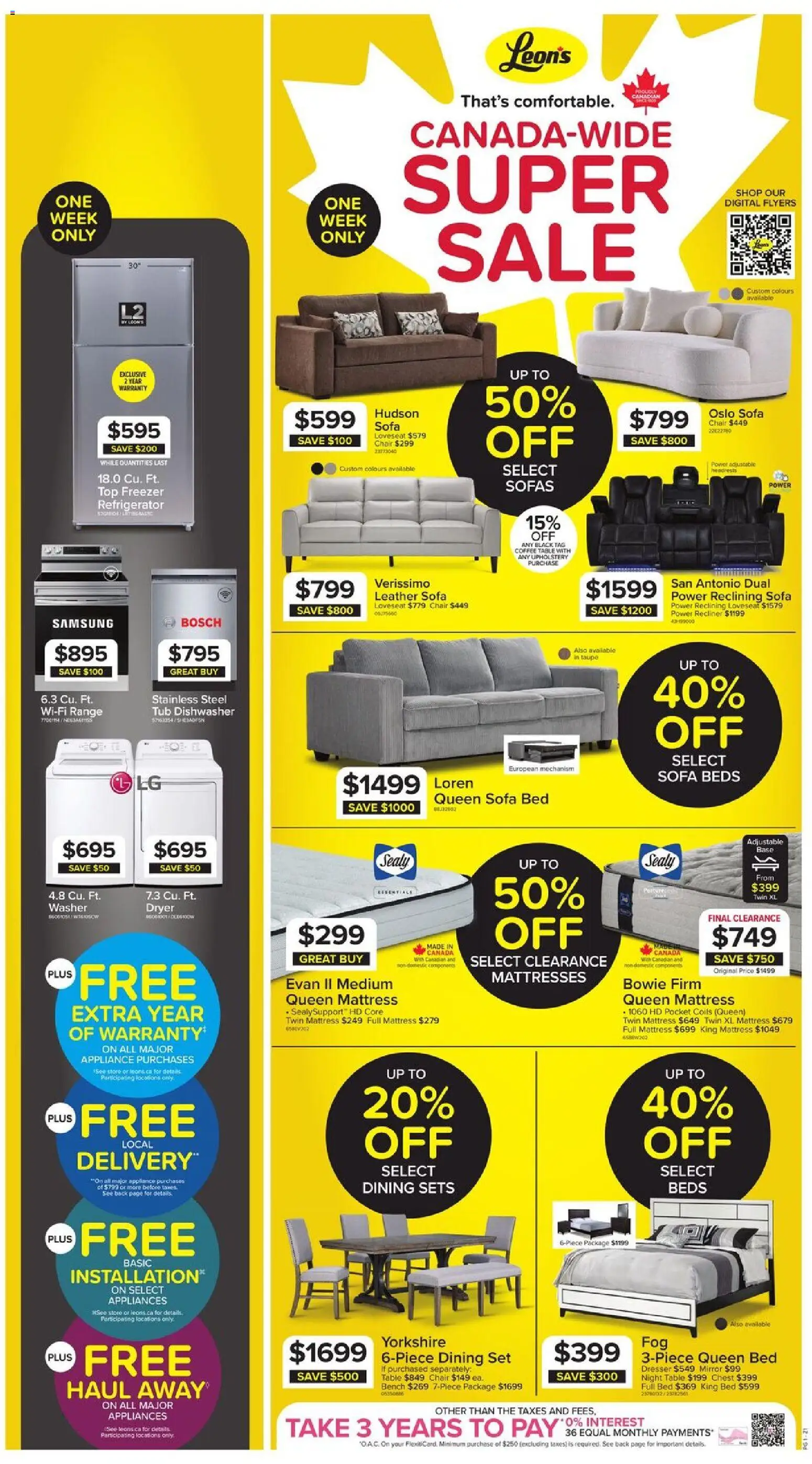 Leon's flyer valid from Jul 9, 2026 | Page: 1 | Products: Dryer, Sofa, Table, Chair