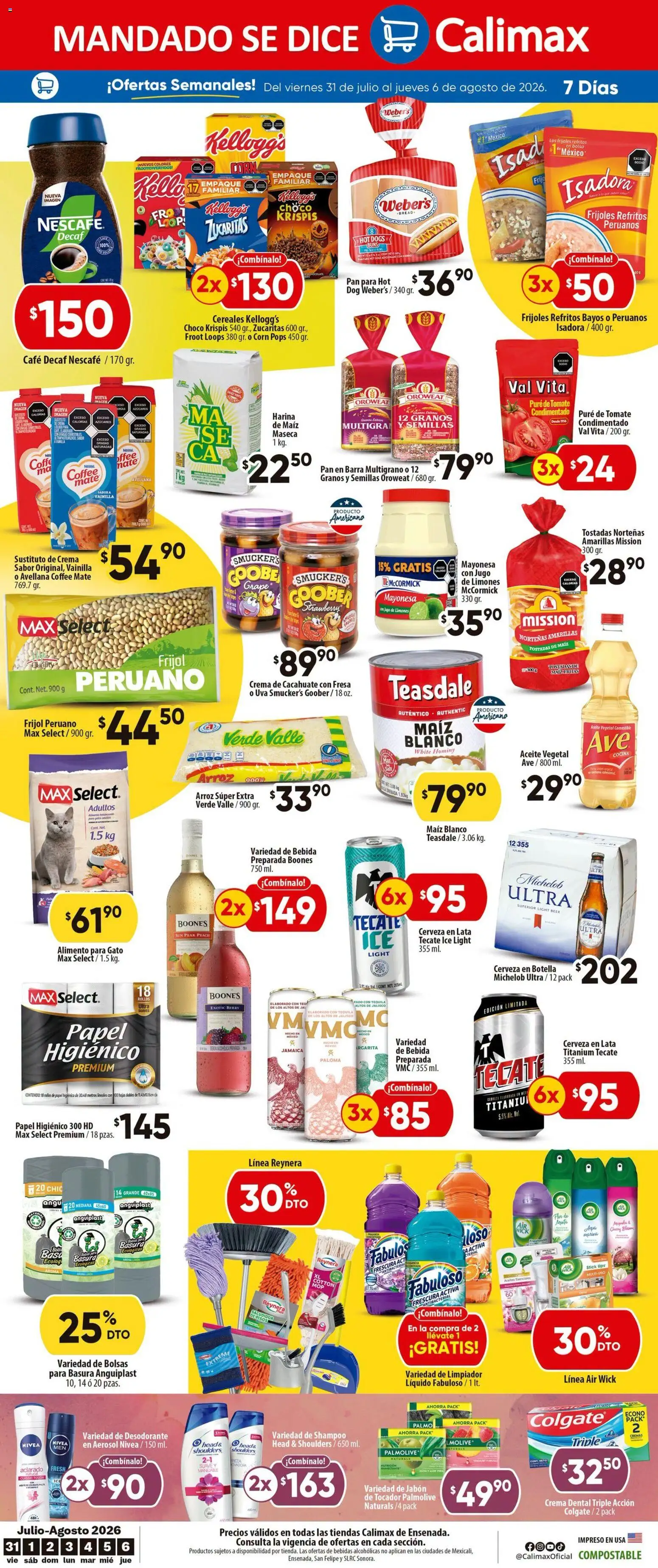 Nuevas ofertas de Calimax válidas en toda la República Mexicana desde el 31/07/2026. ¡Encuentra las mejores ofertas en Calimax folleto Ensenada! | Página: 4 | Productos: Desodorante, Cacahuate, Cereales, Jabón