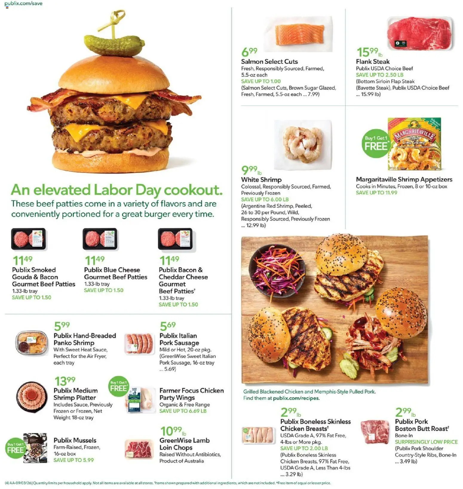 Publix Weekly Ad - valid from 09/02/2026 | Page: 4 | Products: Cheese, Sugar, Cheddar cheese, Flank steak