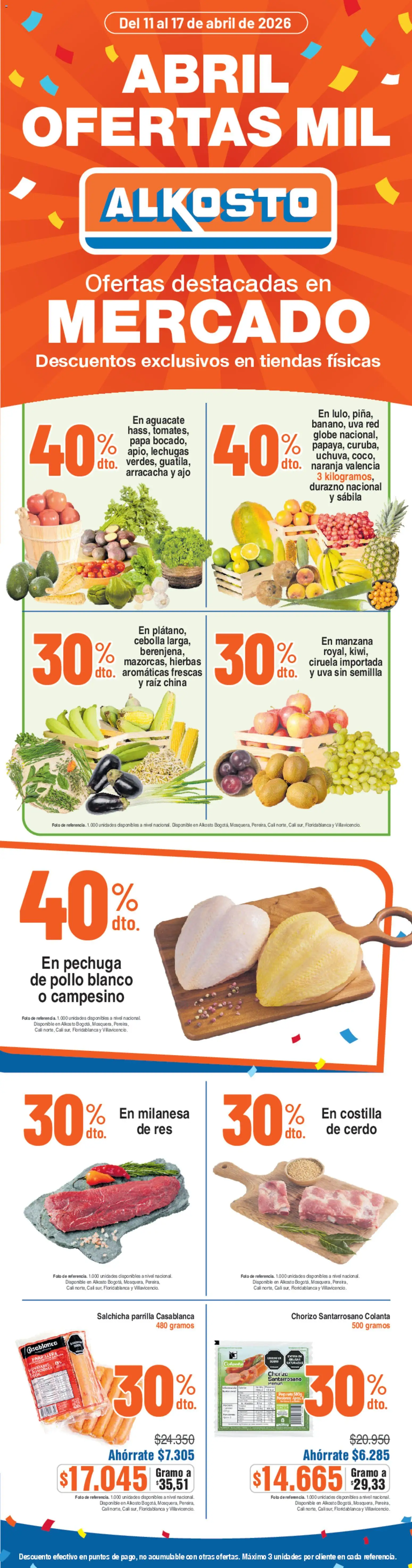 Alkosto revista - valida desde el 11.04.2026 | Página: 1 | Productos: Aguacate, Ajo, Champaña, Durazno