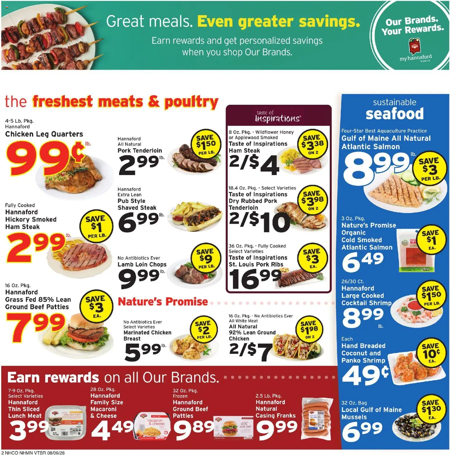 Hannaford Weekly Flyer - valid from 08/09/2026 | Page: 2 | Products: Chicken, Ham, Seafood, Coconut